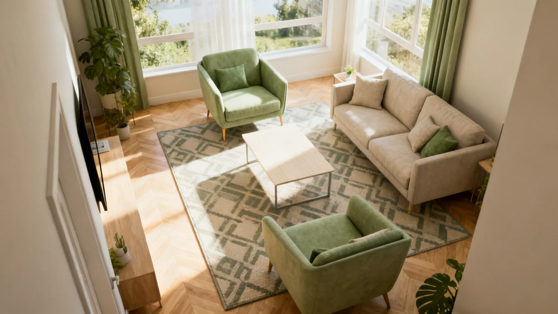 High angle living room layout with green armchairs beige sofa coffee table rug and windows