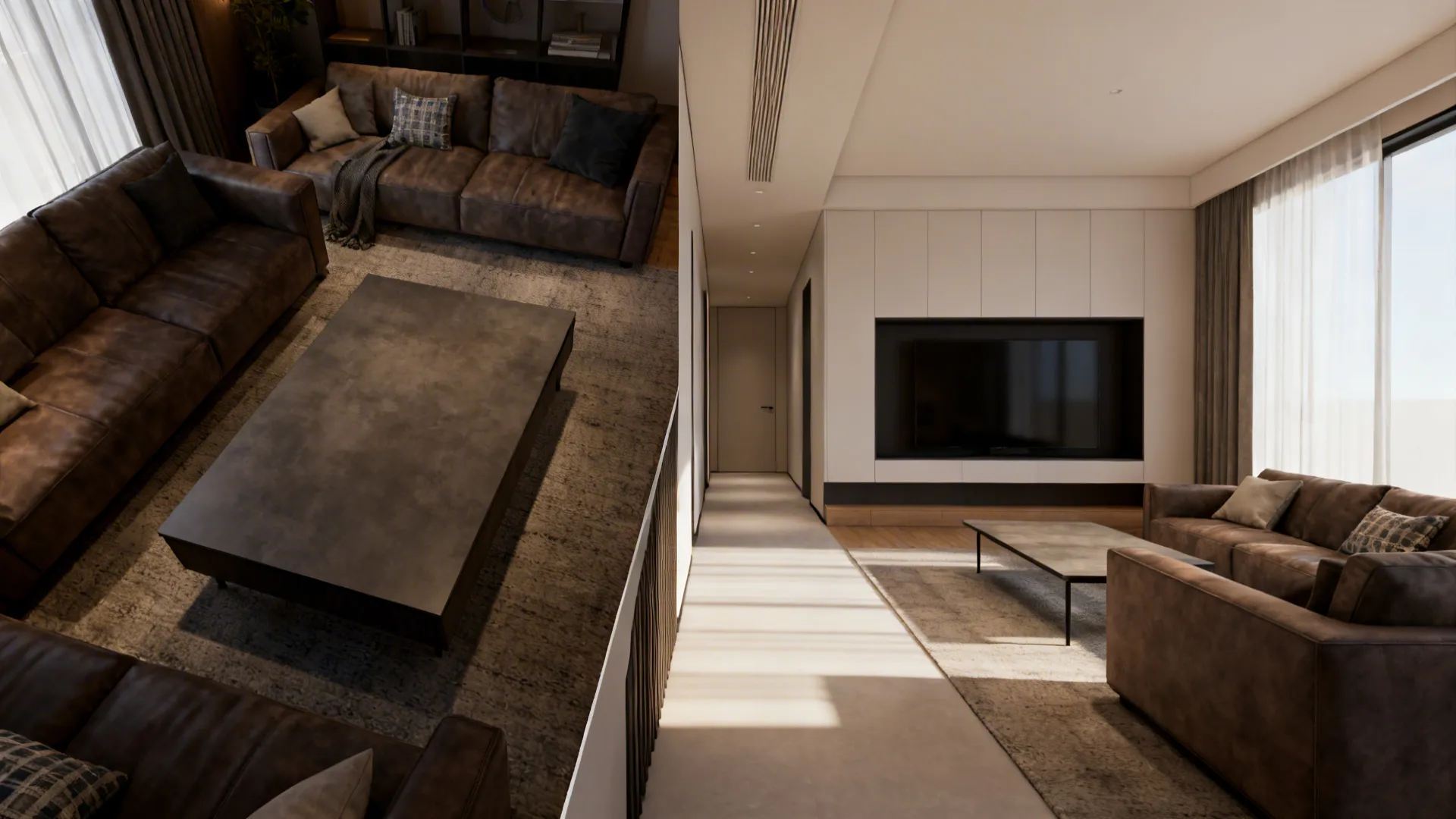 Before-and-after of a small living room where reworked furniture layout frees circulation.