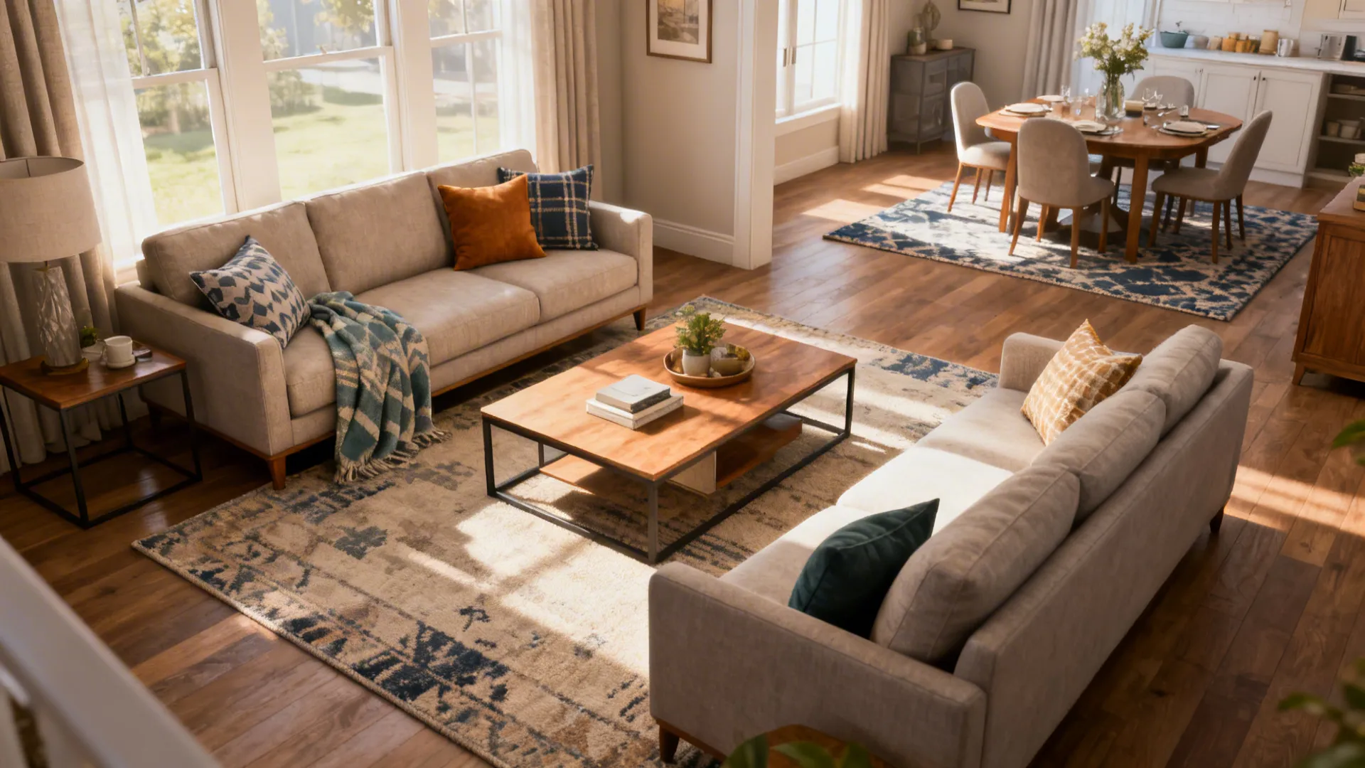 Modern living room with grey sofas wooden coffee table patterned rugs and a dining area behind