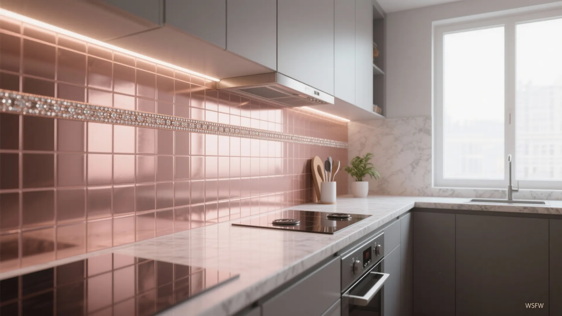 2. Rose Gold Backsplash in Compact Kitchens