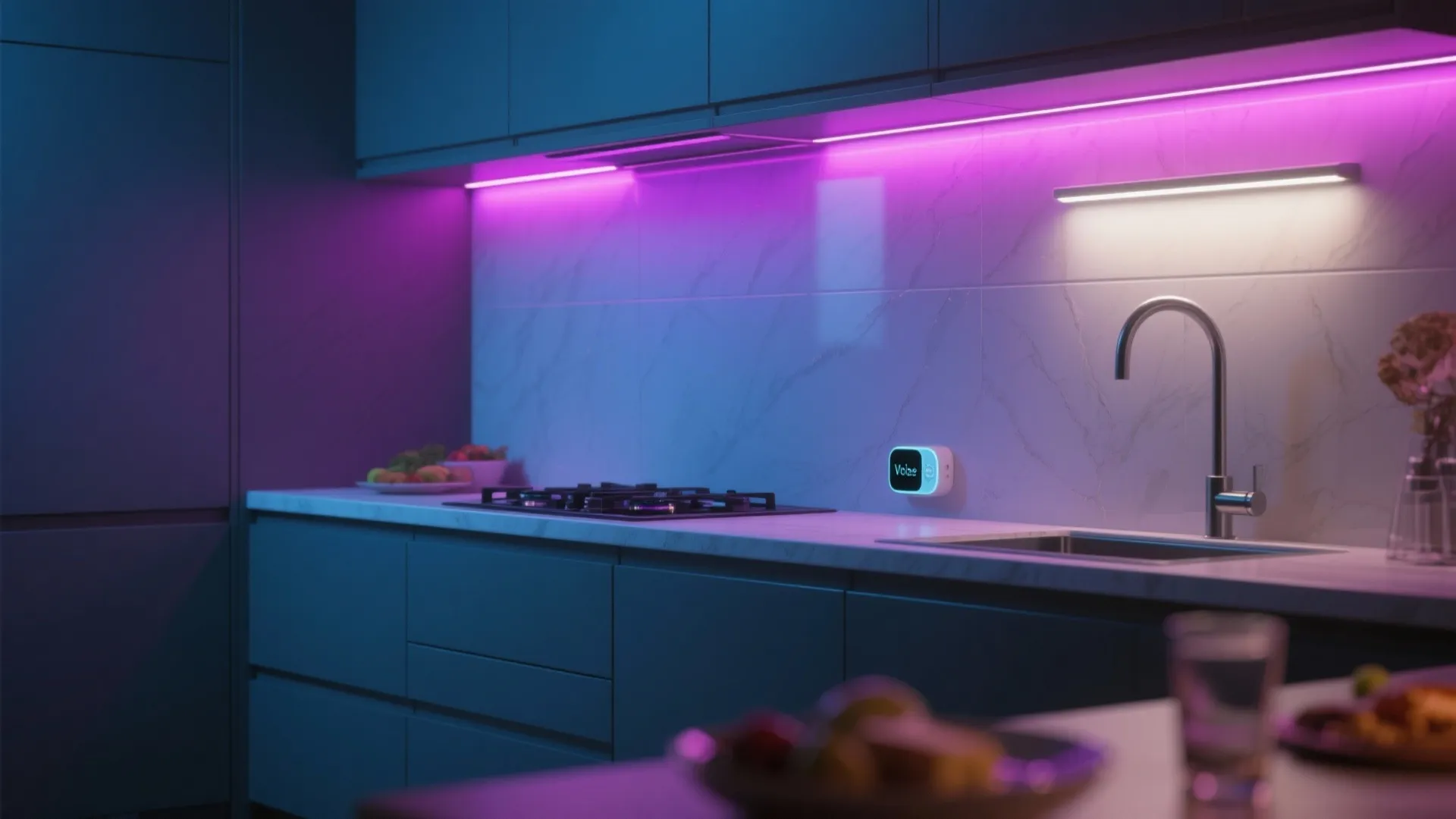 Modern dark kitchen with purple light strips under cabinets above marble counter sink and stove