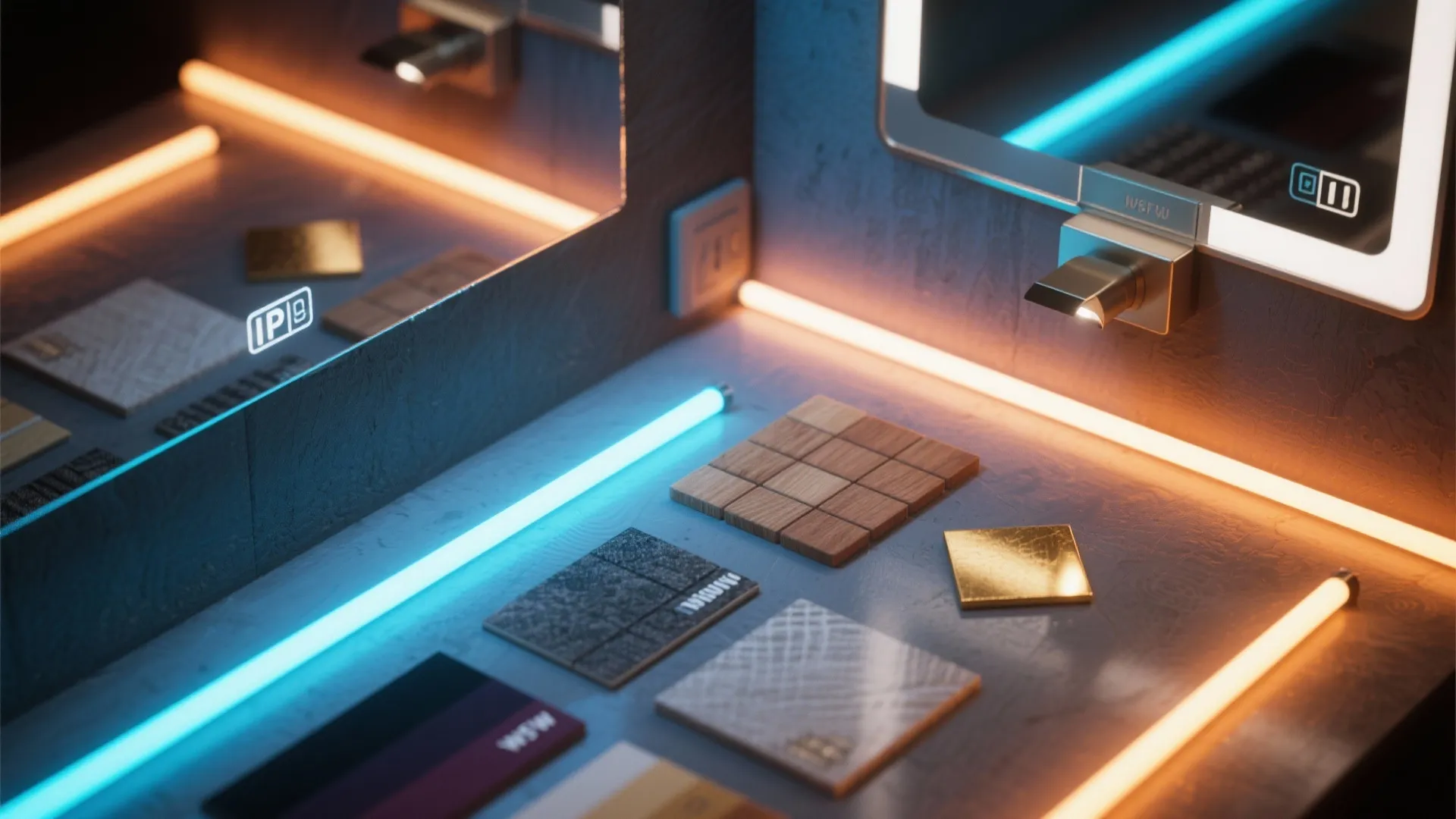 Material samples on a table with blue and orange neon light strips and a wall mirror