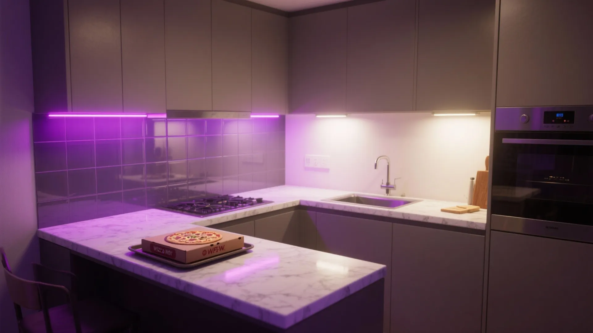 Kitchen scene with a tasteful purple RGB under-cabinet accent in one zone, contrasted with warm white task lighting in the rest of the kitchen.