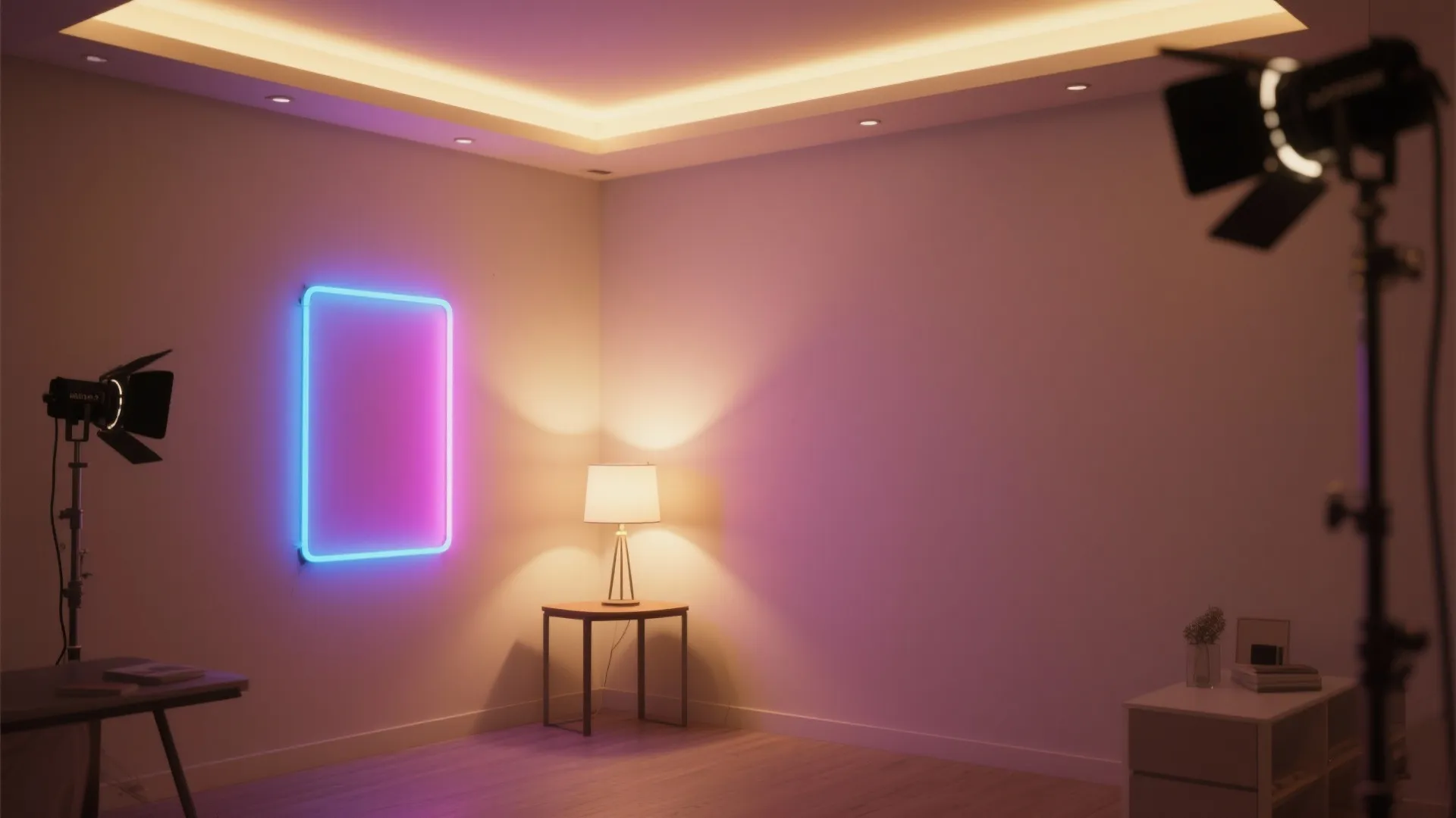 Modern studio room with neon wall light, table lamp, ceiling light, and professional studio lights