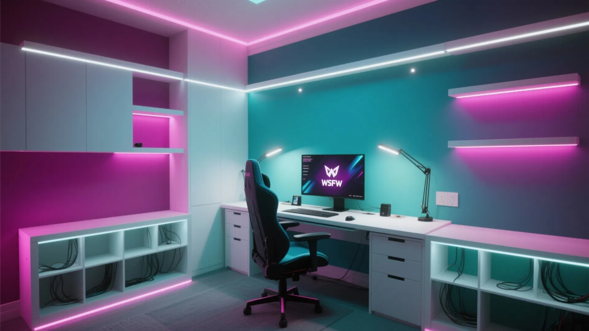 Wide shot of teal and magenta RGB wall washes with neutral desk lighting for accurate color.