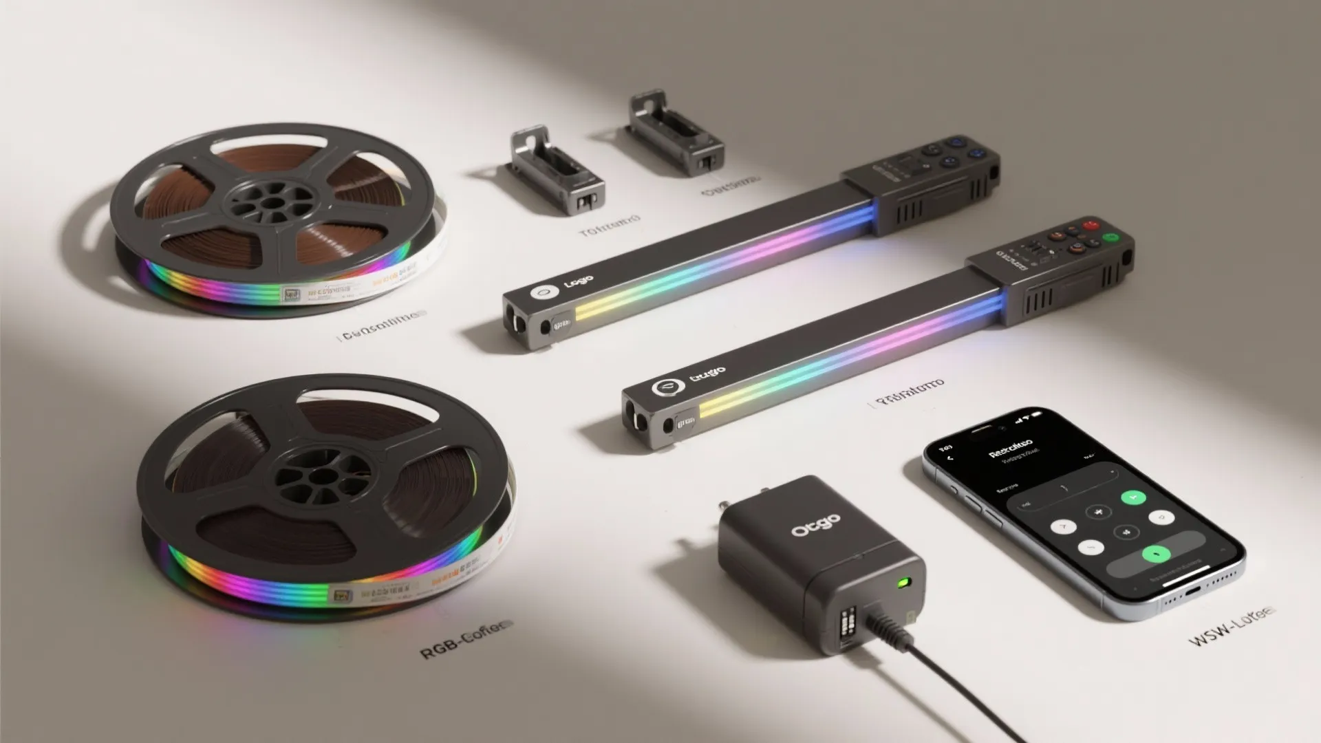 Flatlay of RGB LED tape, controller, power supply, mounting clips and smartphone app controls