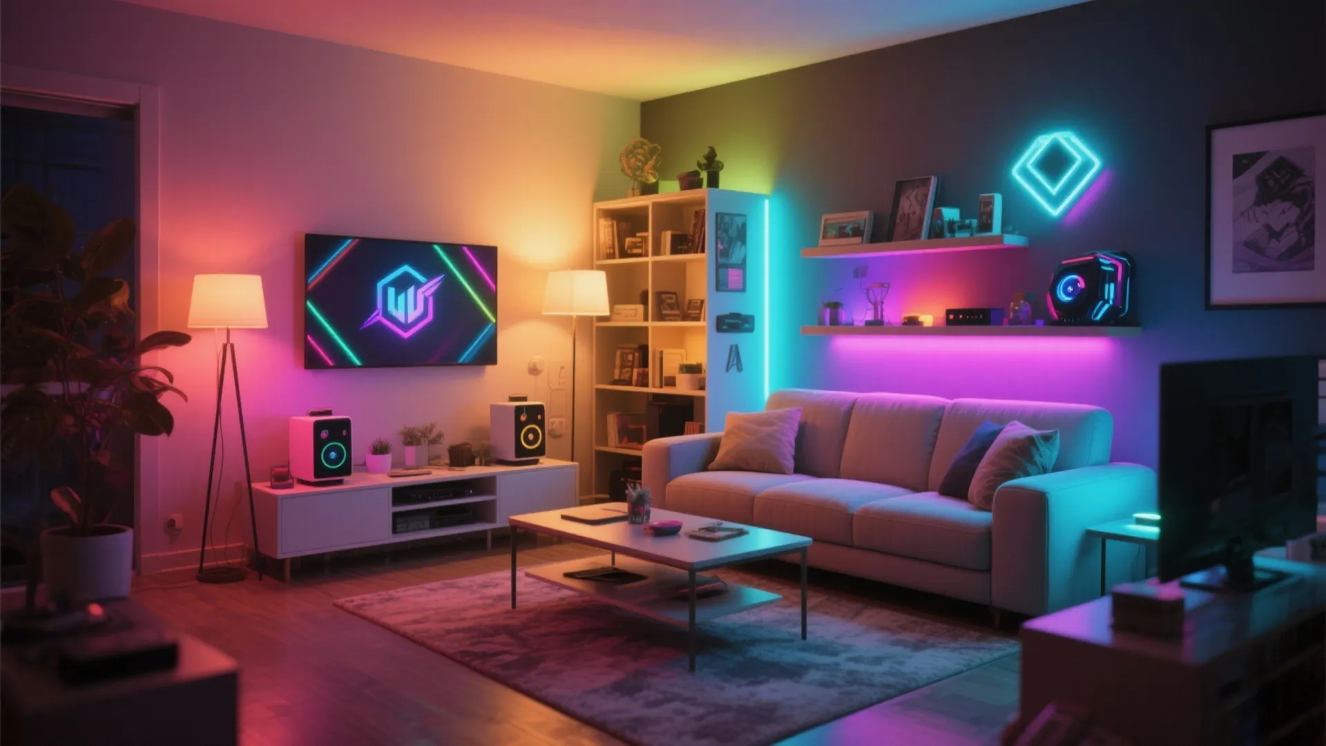 Modern living room with RGB LED accent light in corner