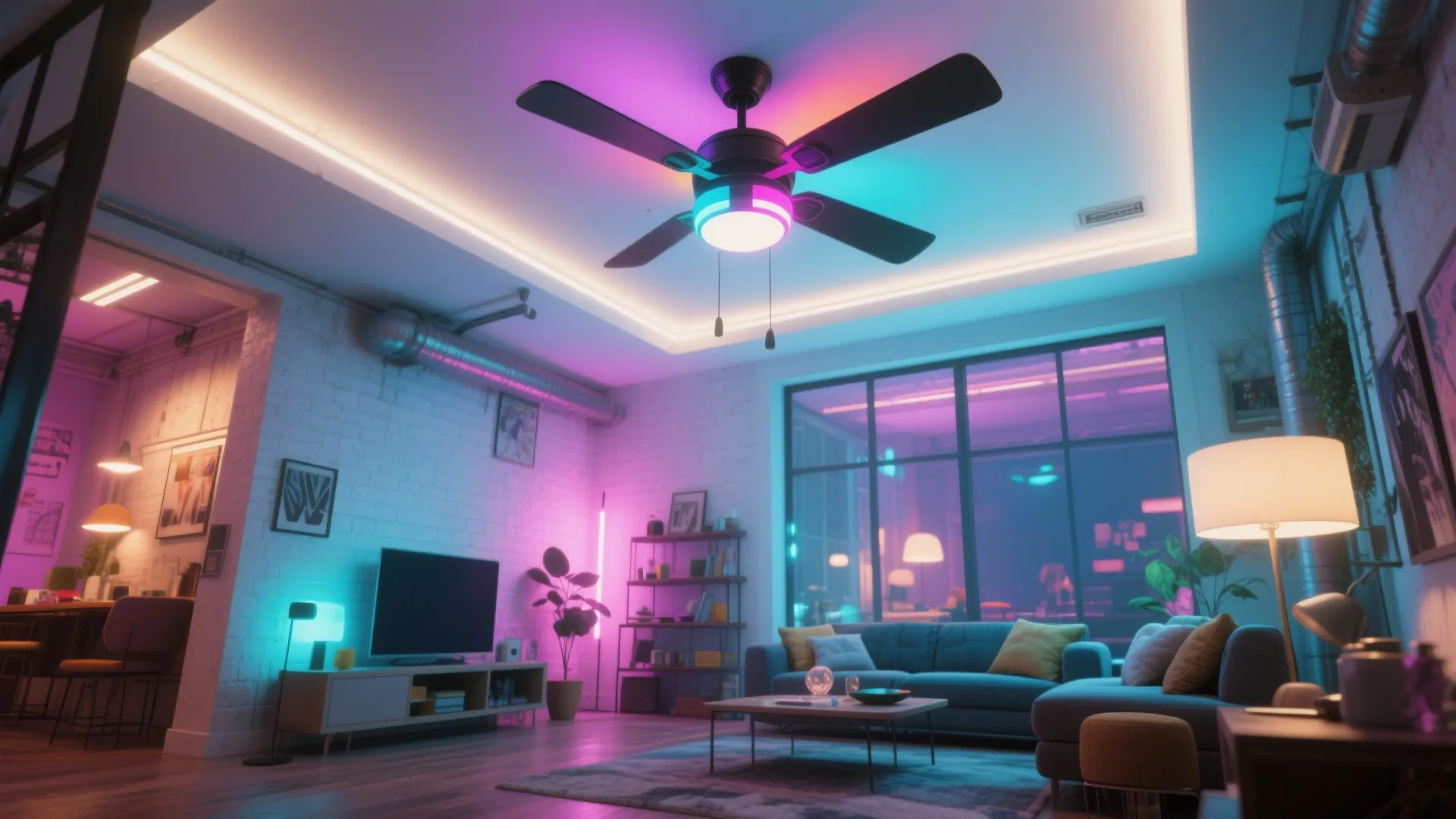 5. Ceiling fan with integrated RGB accent + indirect cove lighting