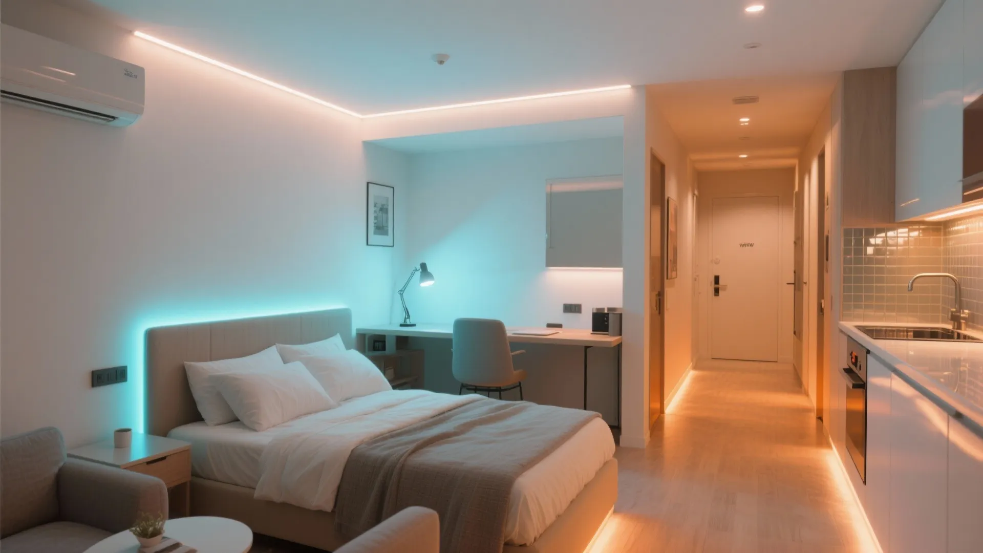 Studio apartment overview with perimeter cove, backlit headboard, task-lit desk, and amber corridor lighting.