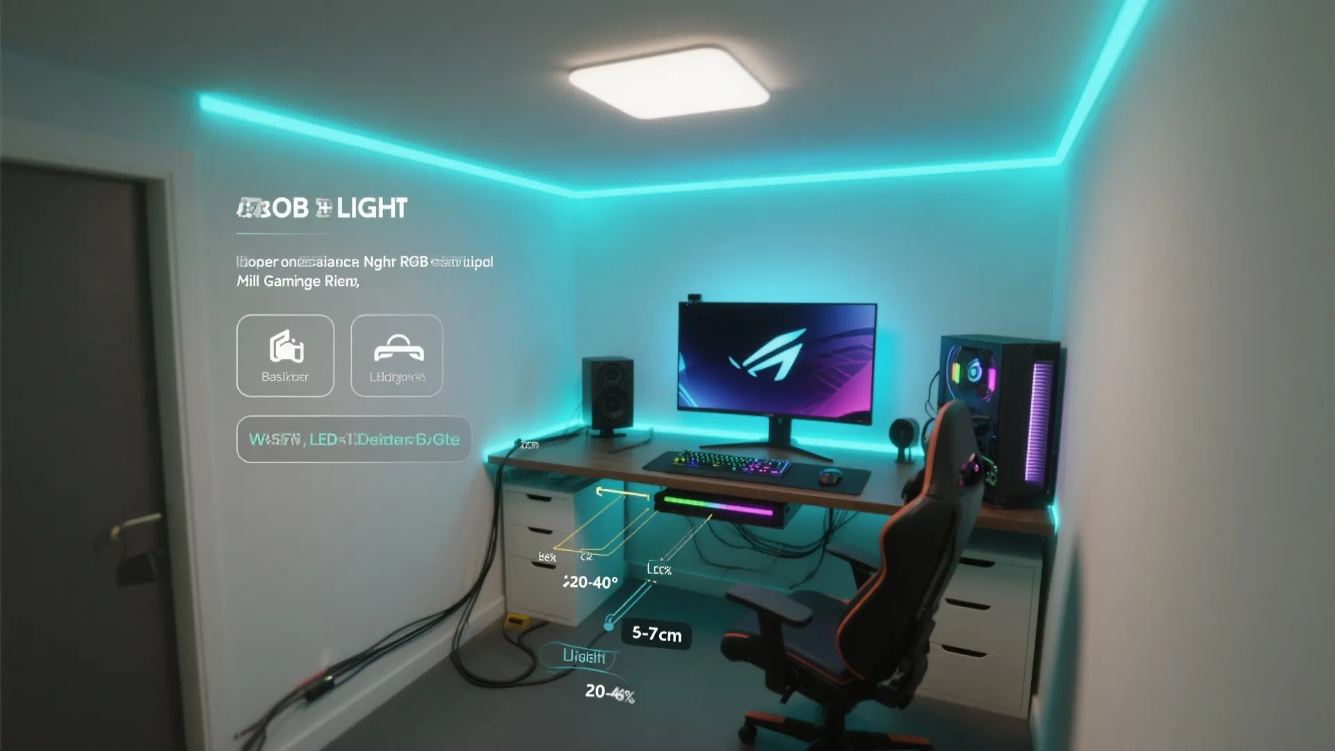 Interior design drawing with text and icons showing setup for gaming desk and wall lights