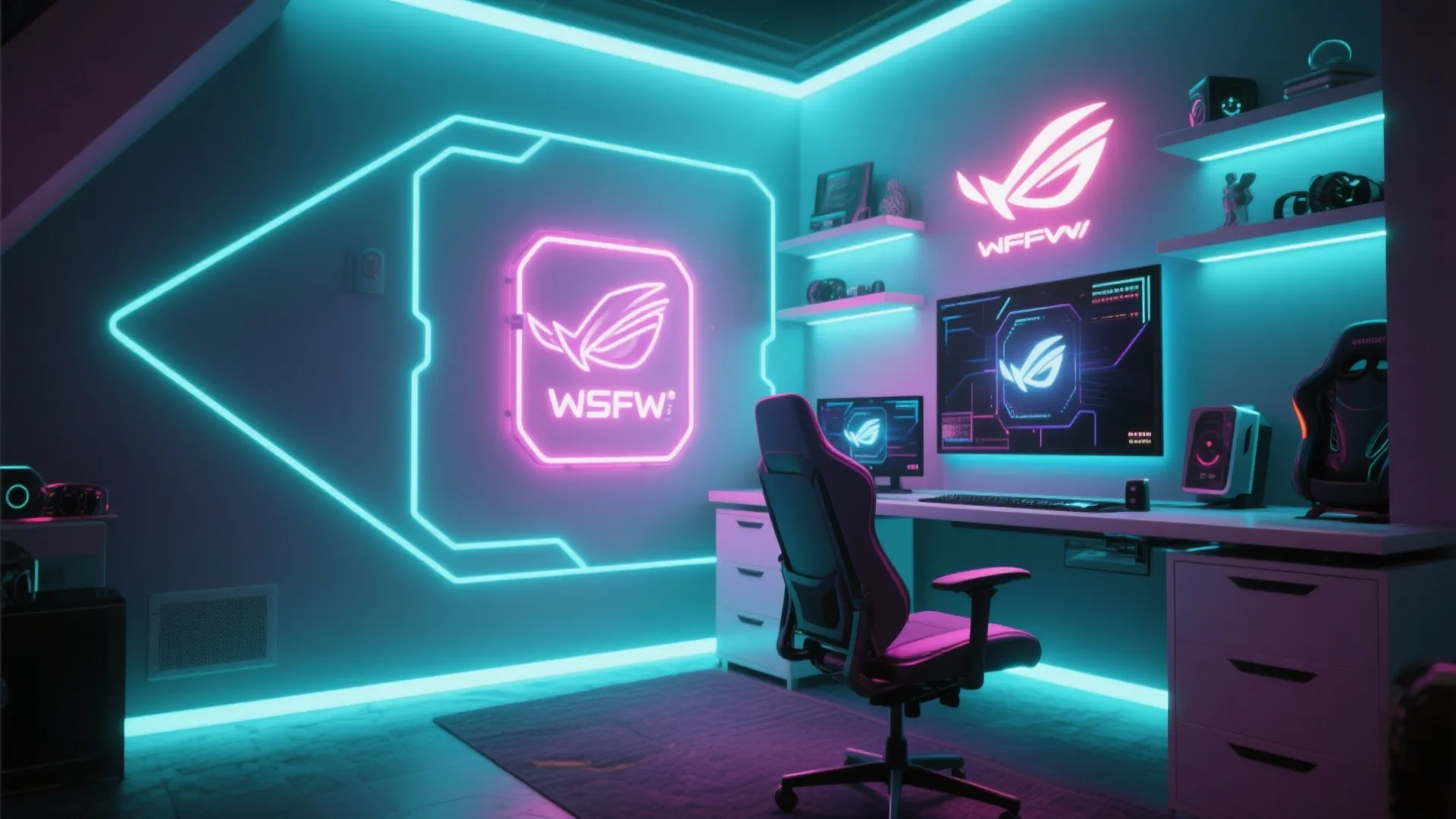 Gaming room desk with RGB neon lights behind shelves for immersive feel