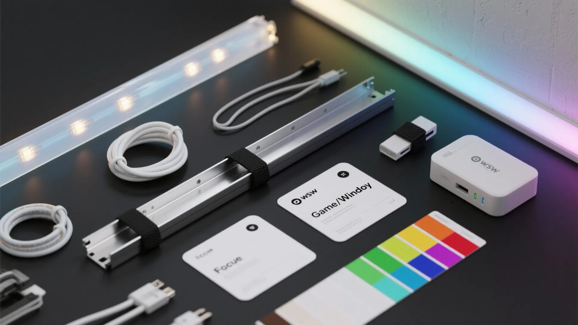 Collection of led light strips white cables color samples and white box on black surface
