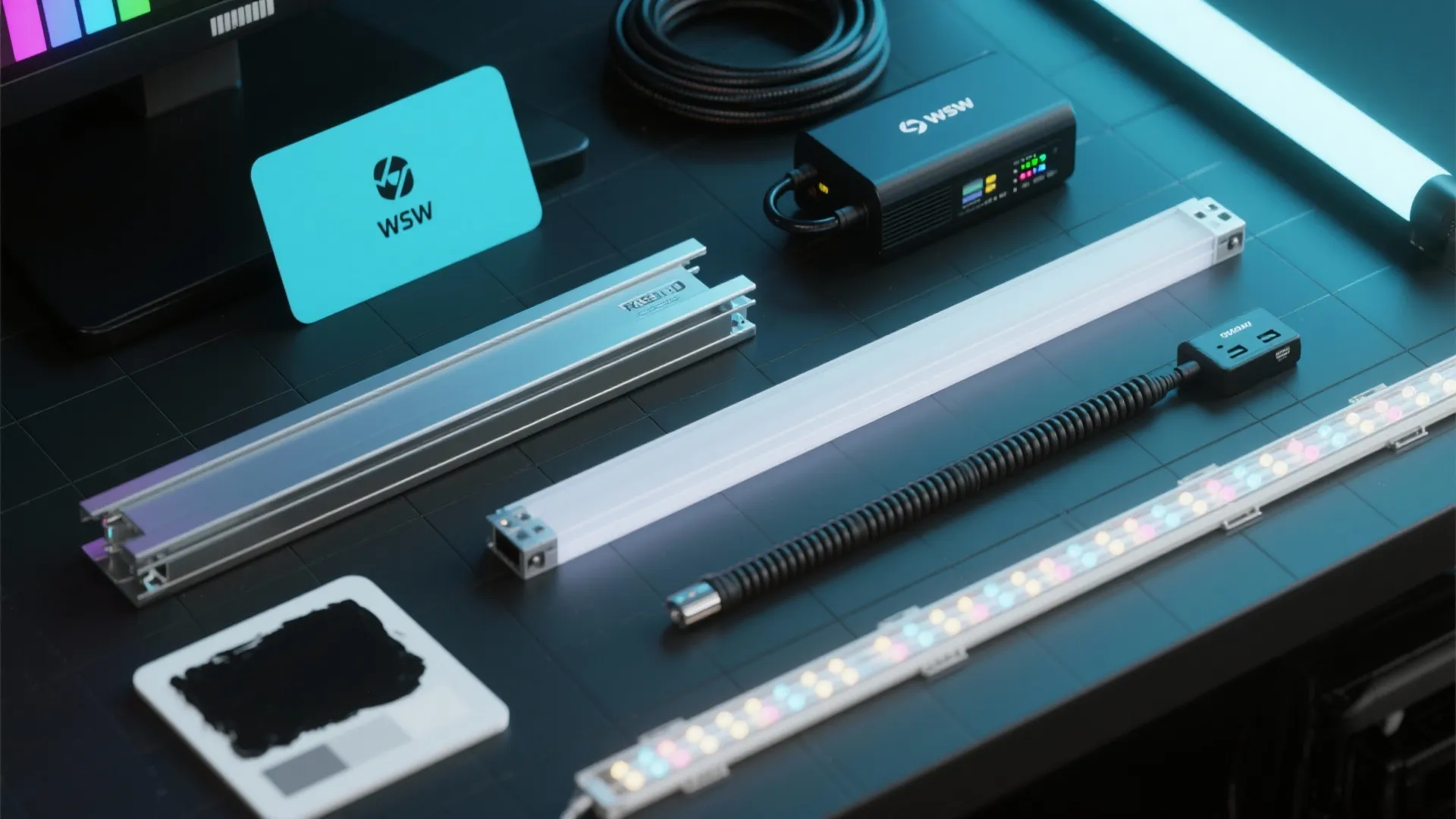 Various light fixtures including colorful LED strips and power box placed on black grid surface