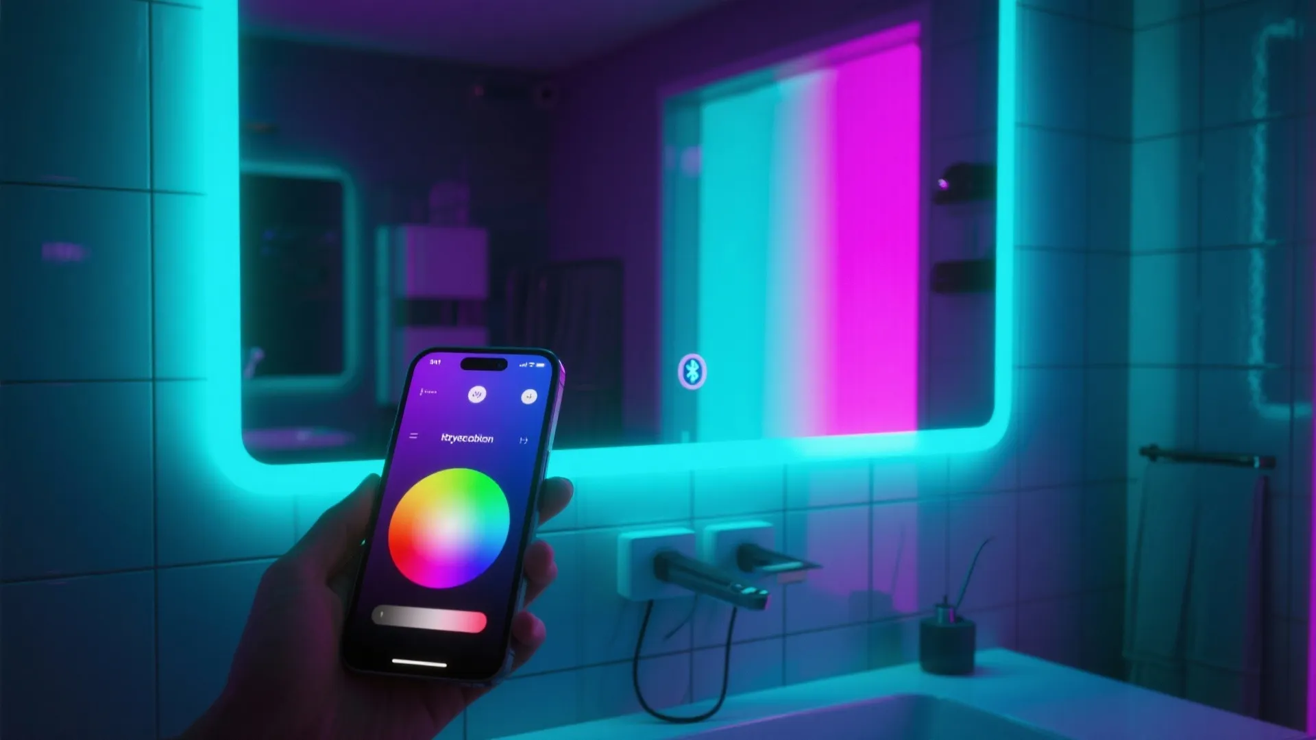 Modern bathroom showing an RGB color-change mirror glowing teal and magenta with a smartphone controller.