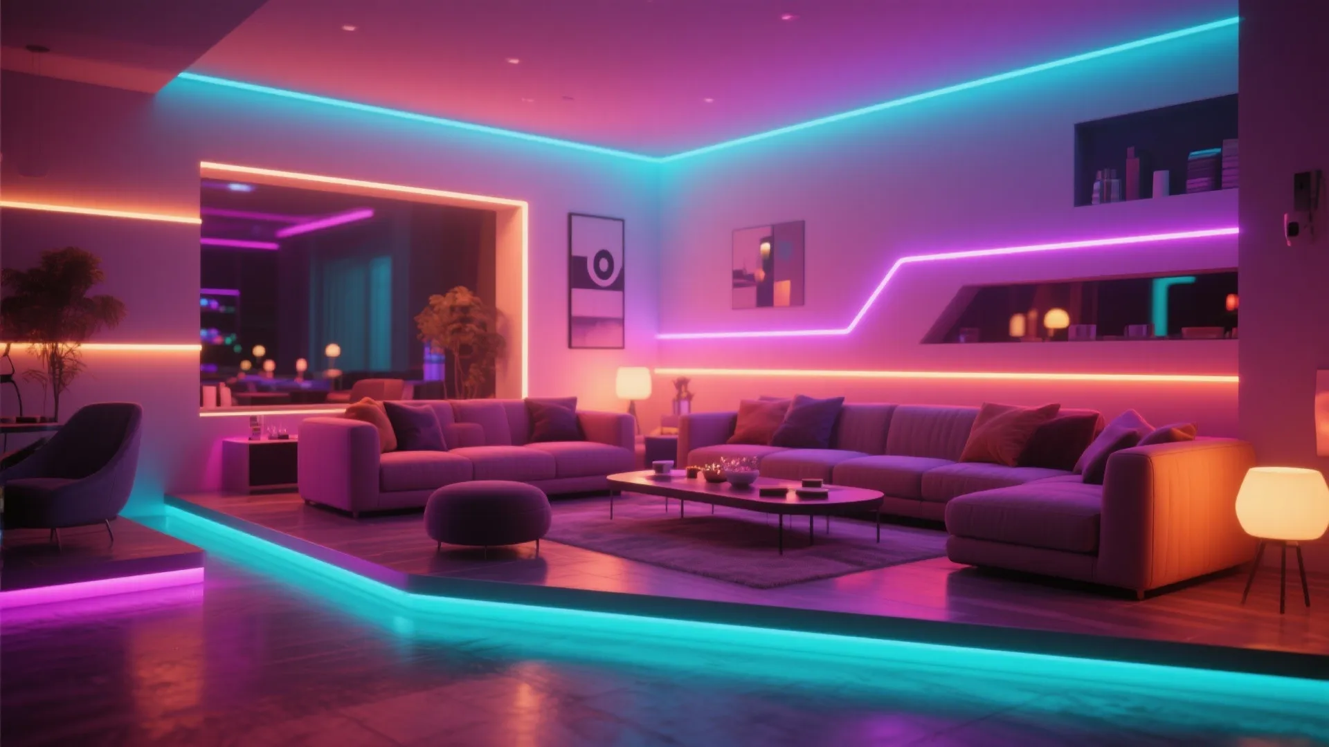 Living room with RGB LED strips in multiple colors