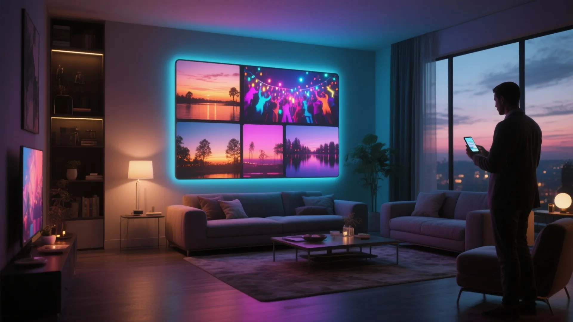 Living room with interactive RGB LED panels changing colors and a person controlling them via smartphone.