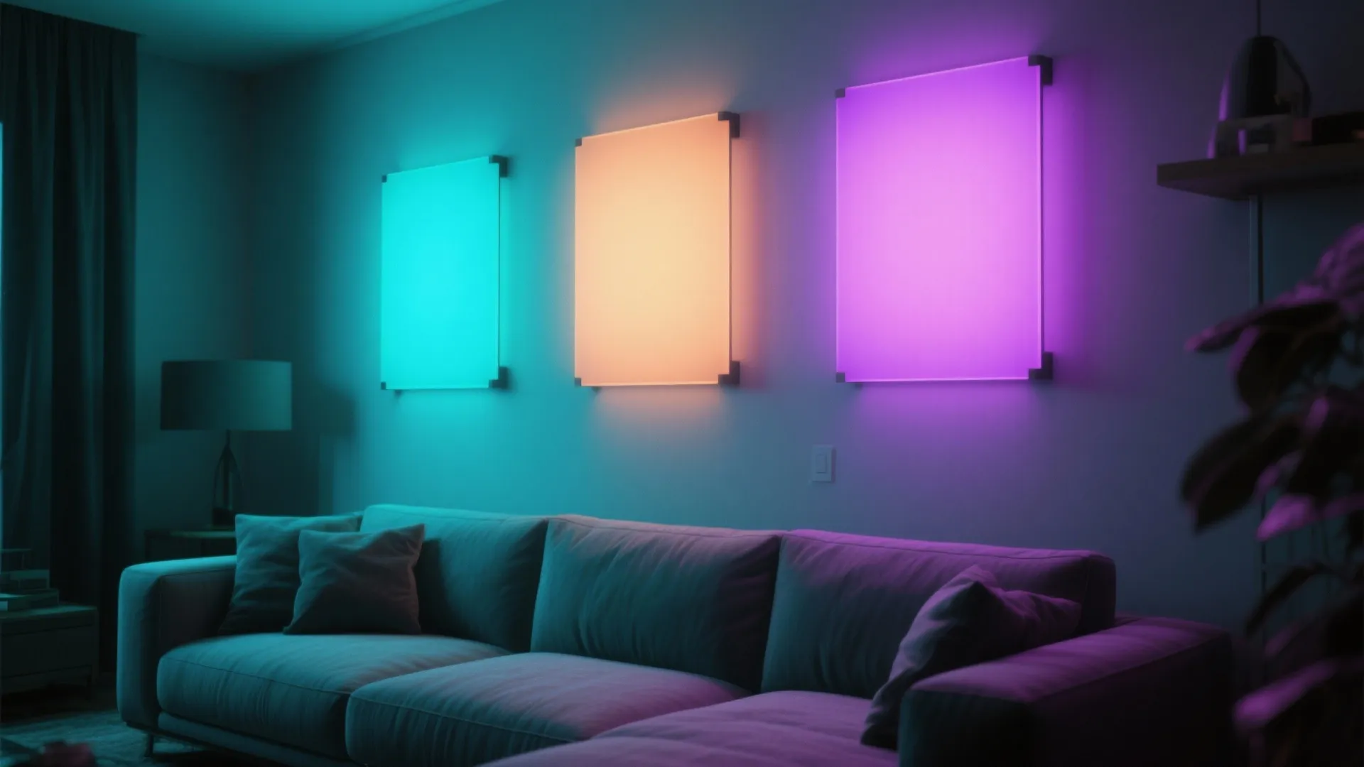 [
  {
    "url": "https://coohom-biz-sg-s3.coohom.com/ins/static/article/rgb-panels-mood-1763528362985845100.jpg",
    "alt": "Three colorful glowing wall lights above a grey sofa in a modern dark living room"
  }
]