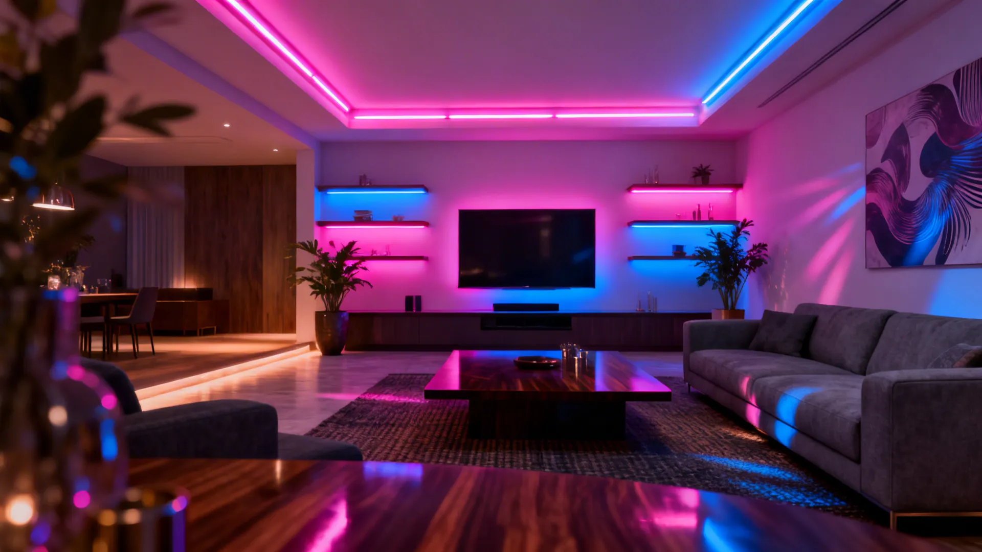 Evening living room with RGB LED strips creating magenta and blue party ambience