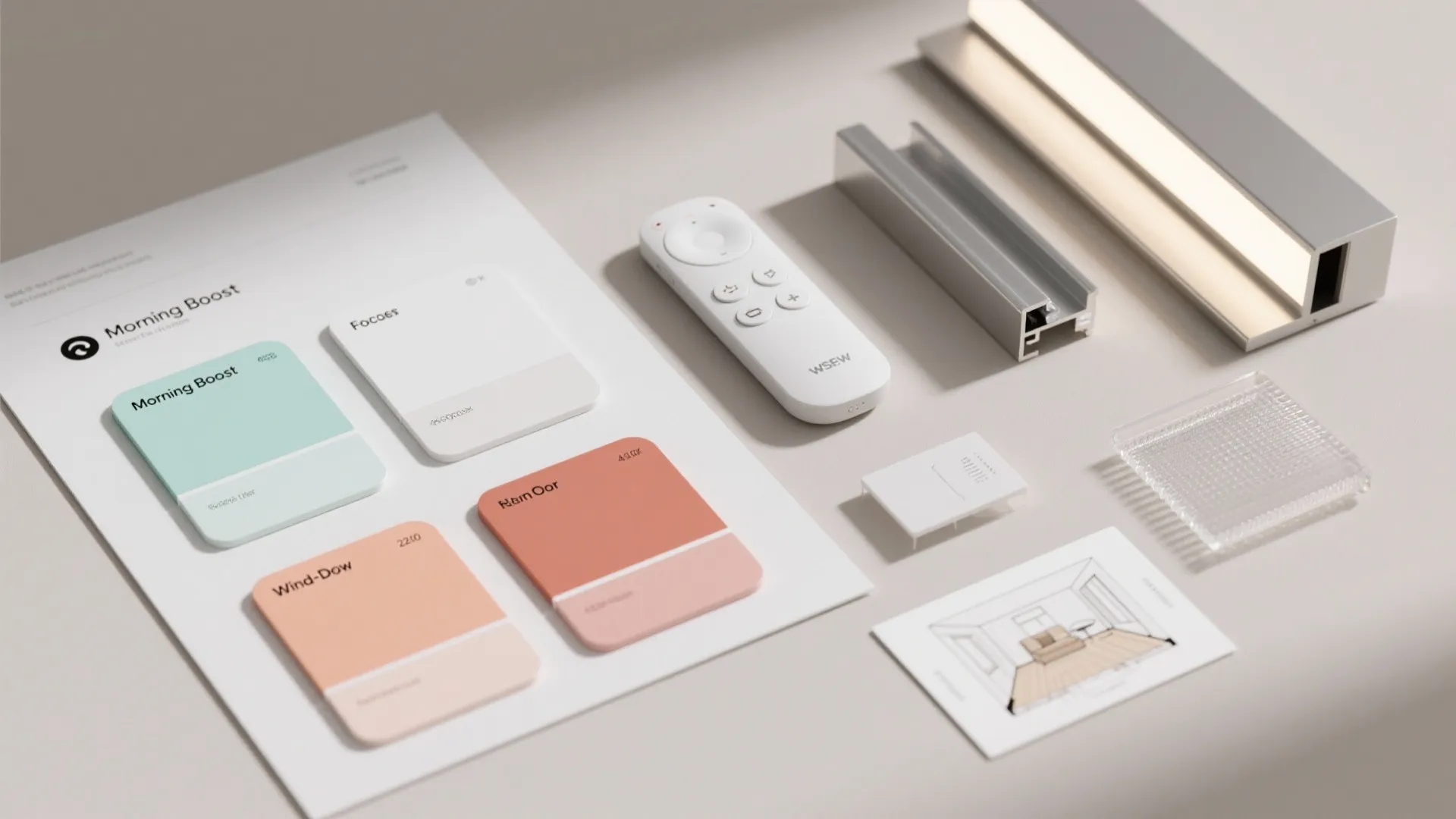 Flatlay showing planned RGB scenes with white point swatches, diffusers, and a smart hub.