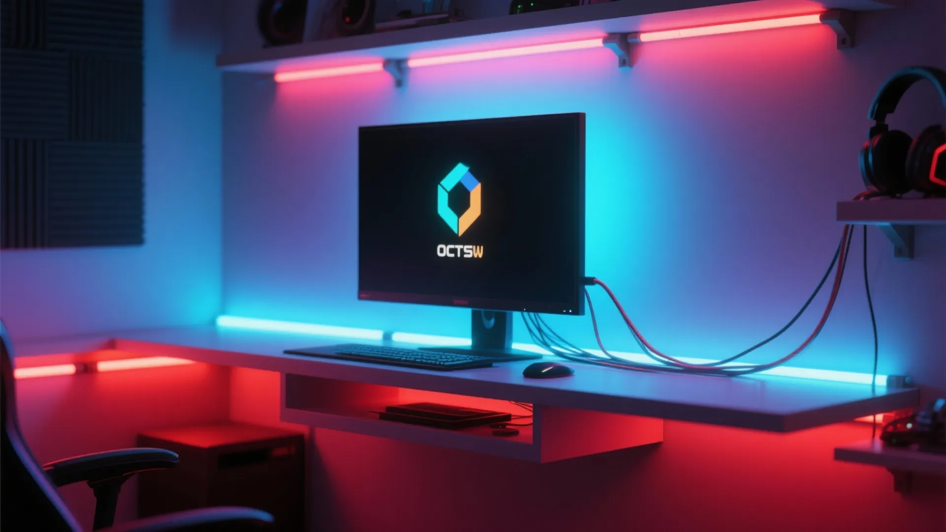 Close-up of RGB LED strips behind a monitor and under shelving creating colorful backlight.