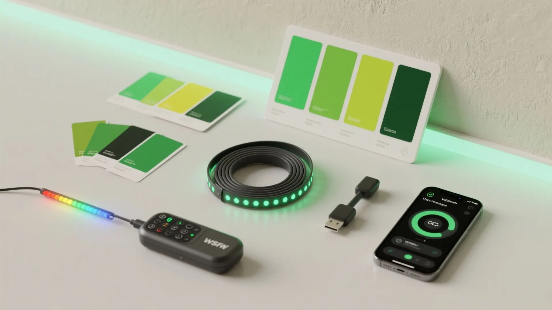 Smart light strip kit with colorful green swatches and mobile phone app for home lighting control