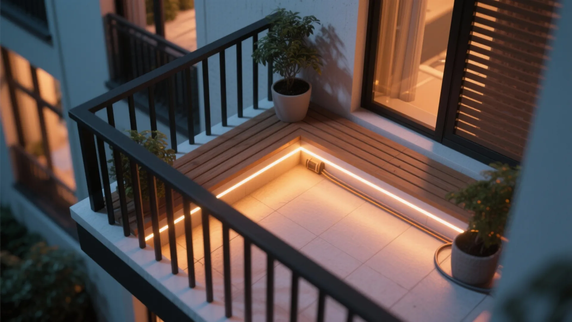 Modern balcony featuring warm LED light strips under wooden bench seating with plants and railings