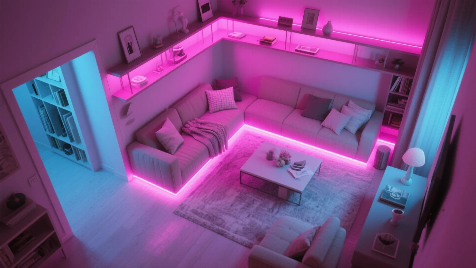 Top-down view of a small living area with RGB strips creating flexible pink and magenta mood zones.