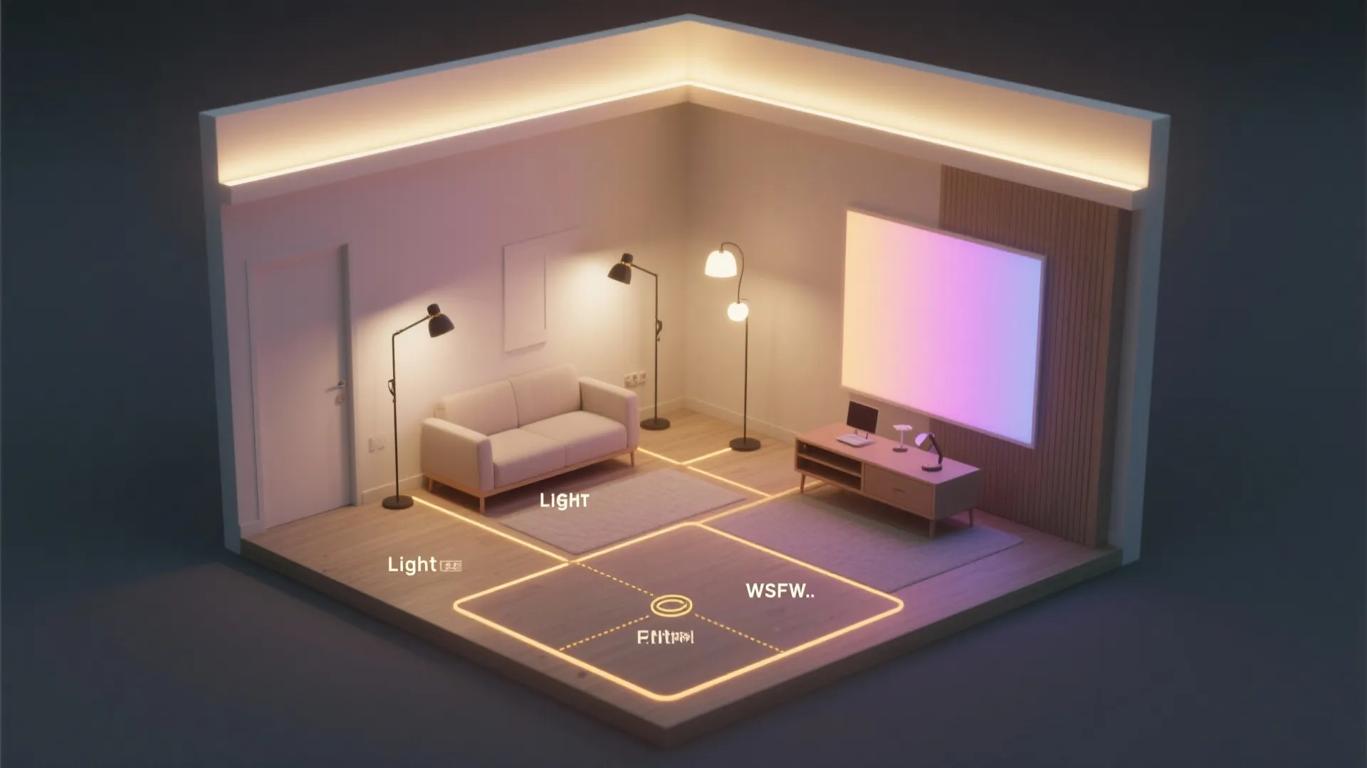 Interior design drawing showing a living room layout with sofa, cabinet, and different lighting zones