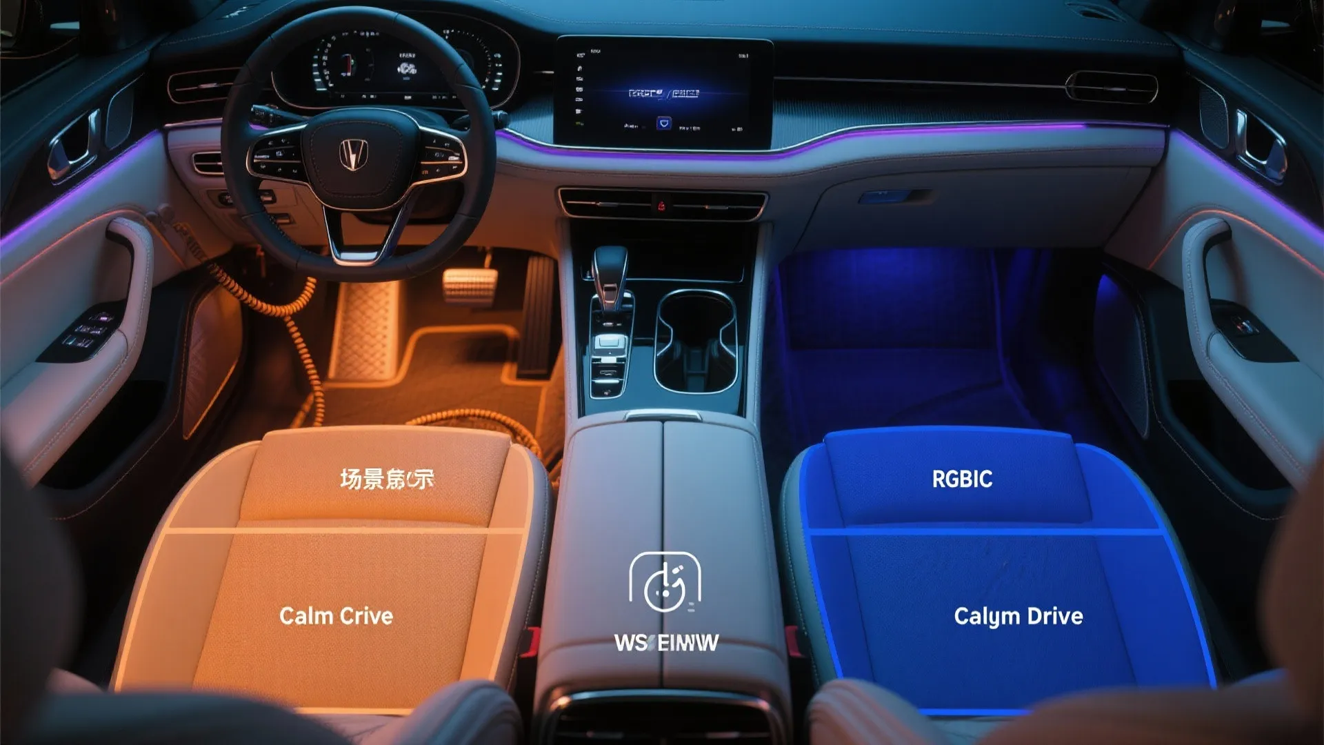 Car interior with warm orange light on left side and cool blue light on right side