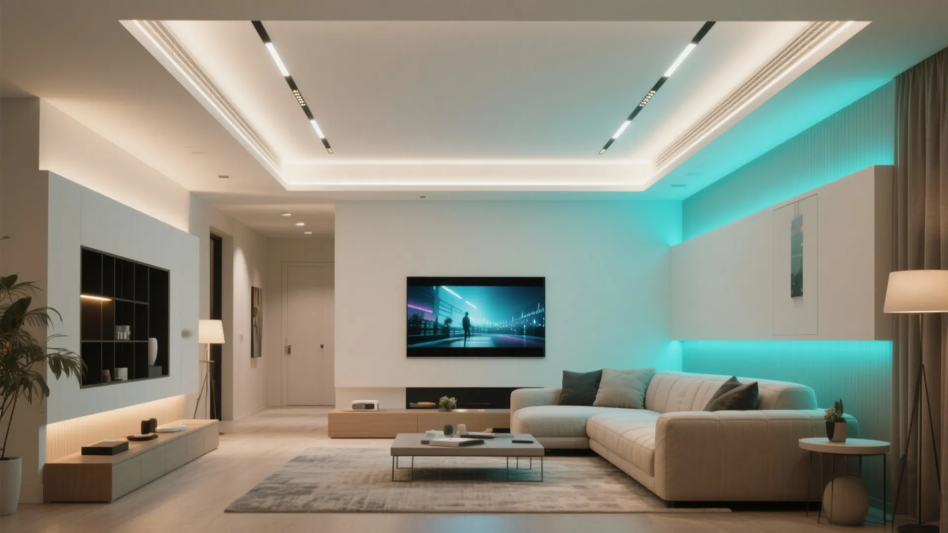 Modern living room with blue ambient wall lighting and white furniture in a clean interior