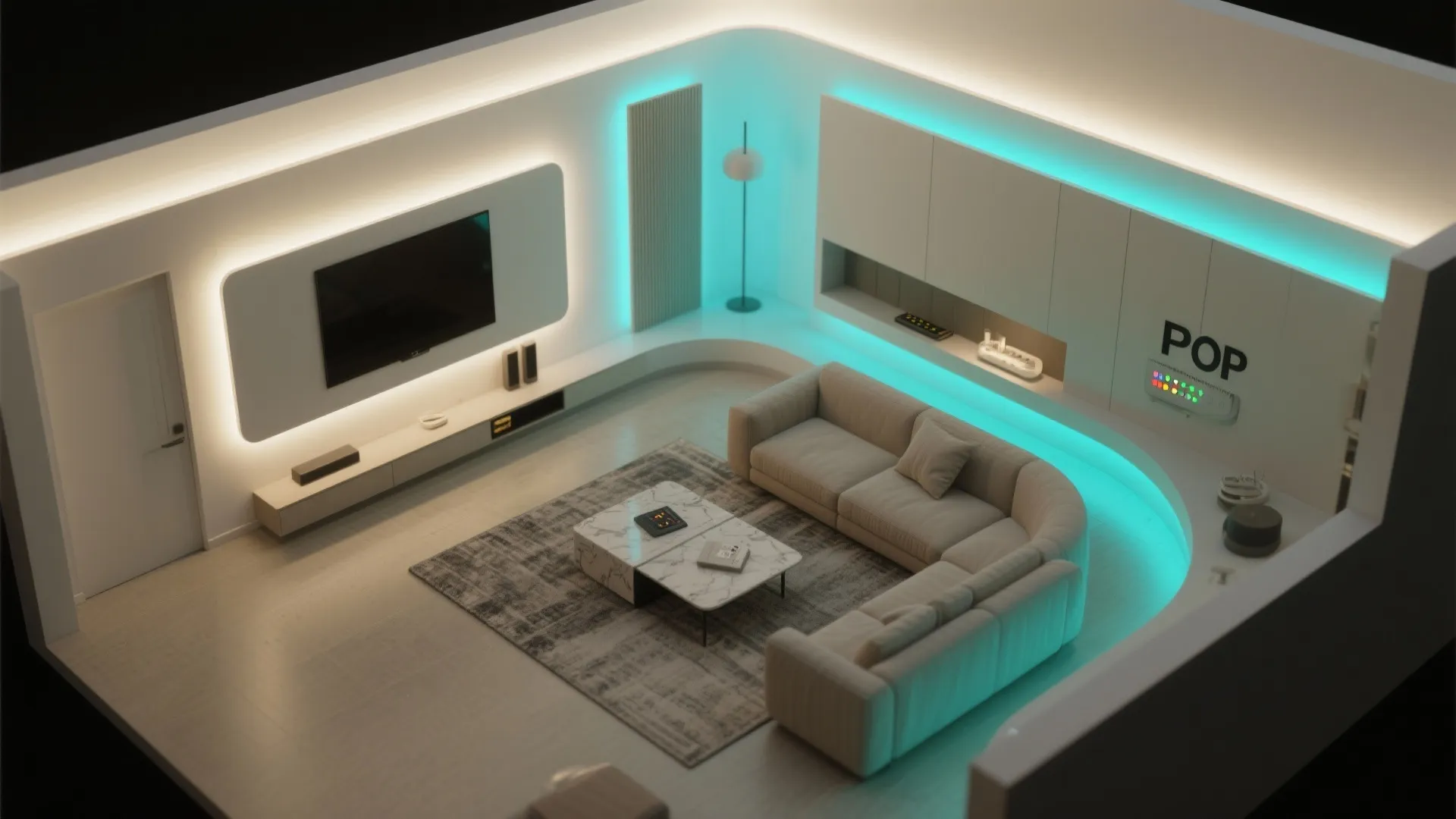 Living room interior design drawing with blue led lights television grey sofa and marble table