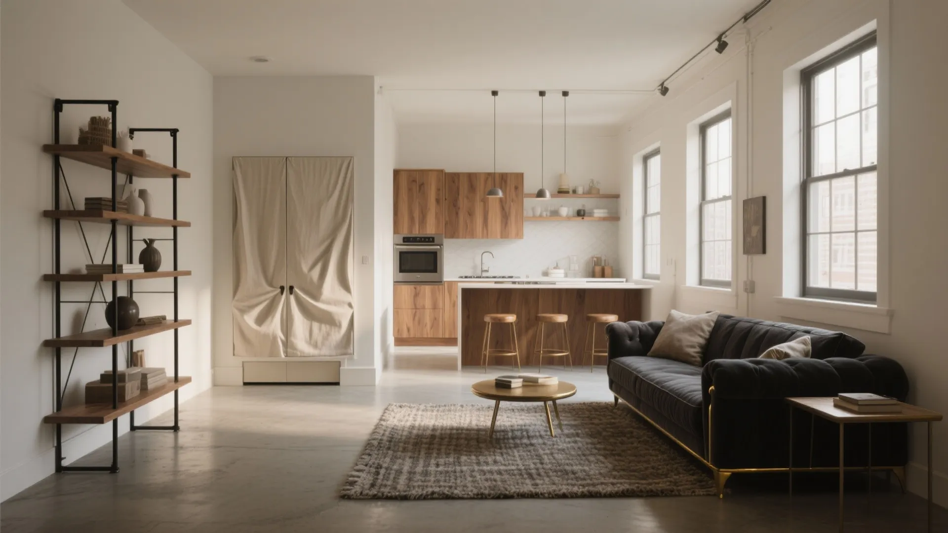 Modern open plan living room with wooden shelves dark sofa round coffee table and kitchen
