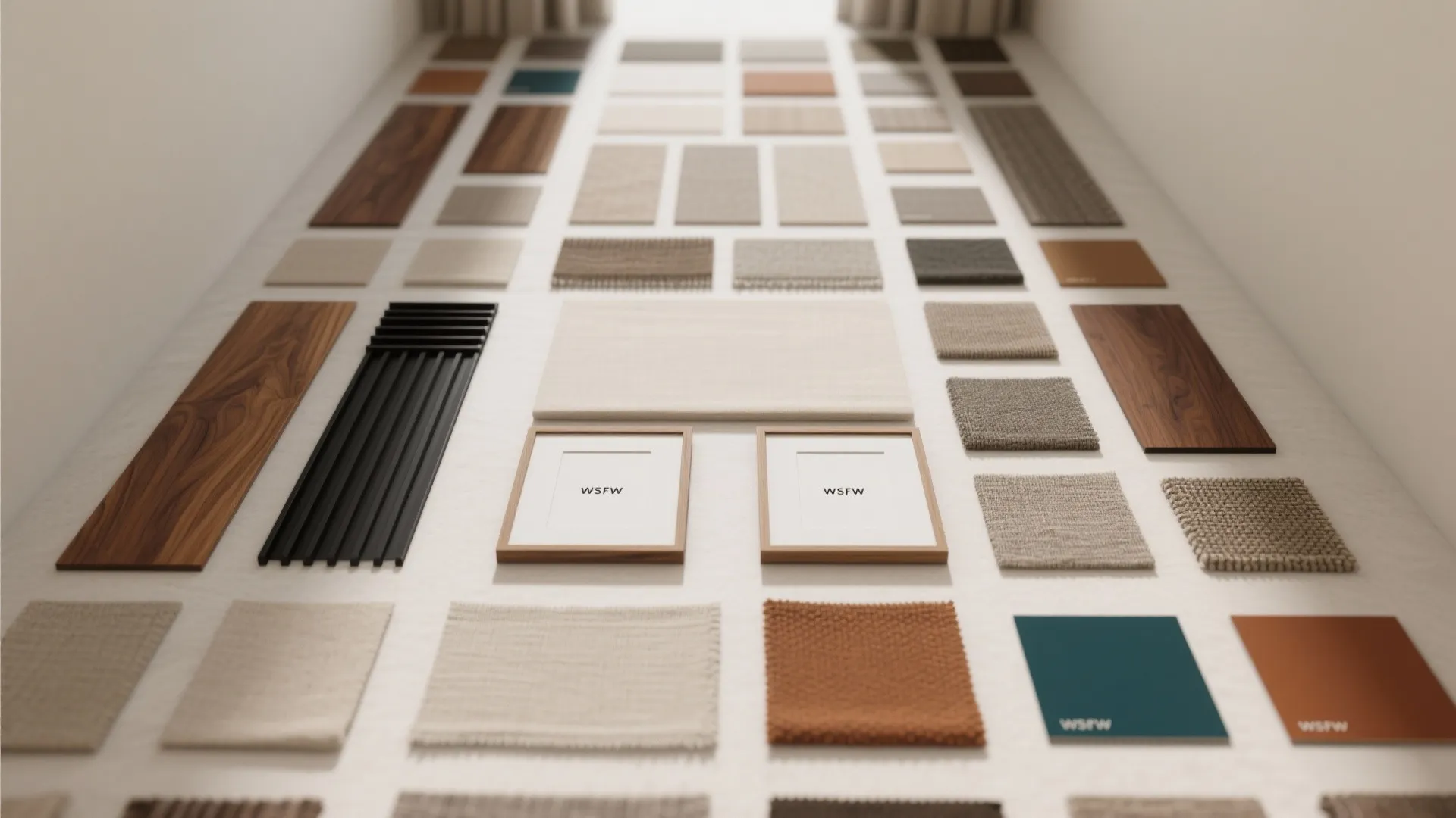 Interior design materials including wood floor samples fabric swatches and wall panel options on floor