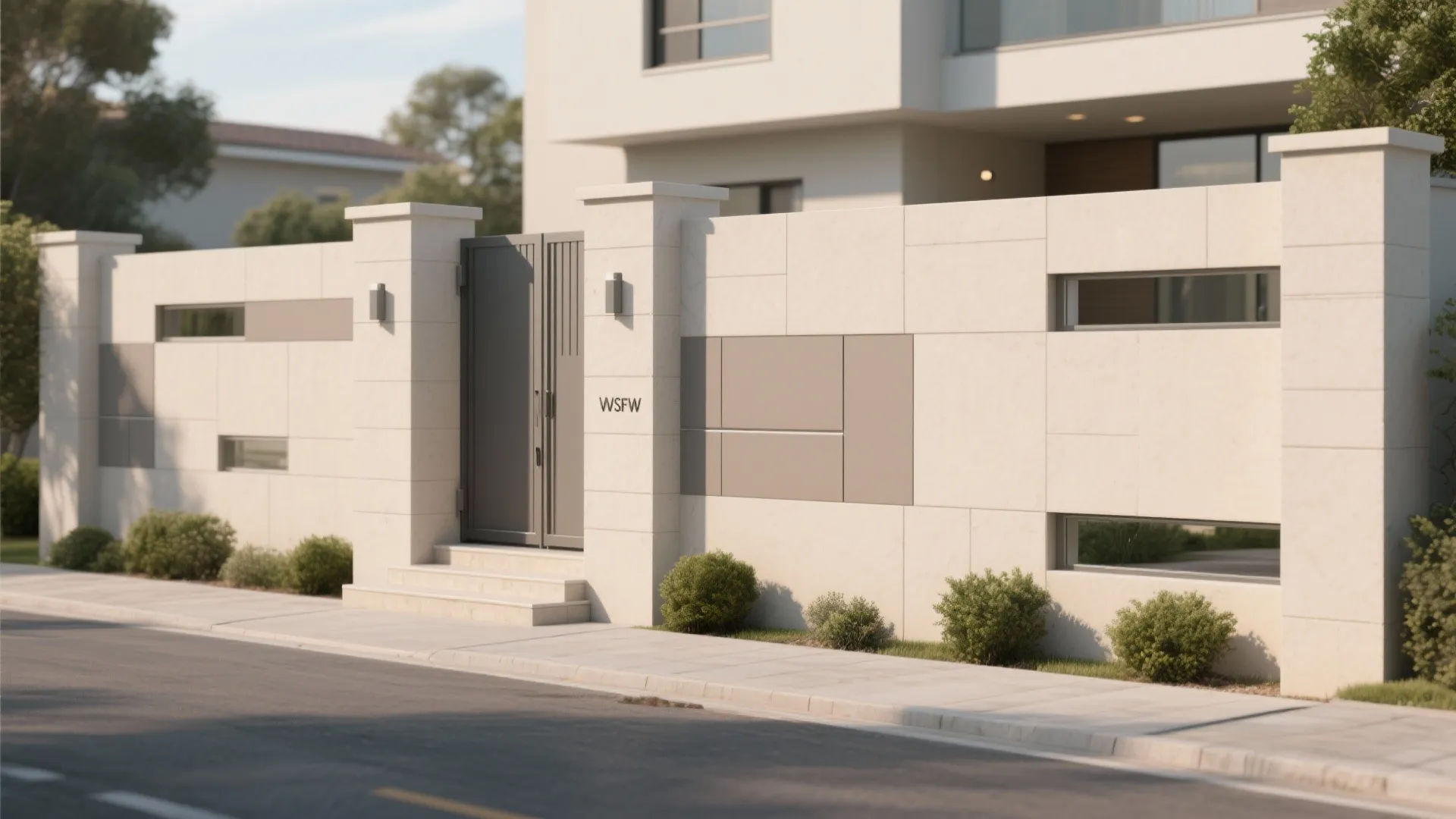 Contemporary white house wall with small square windows and a grey double gate at entrance