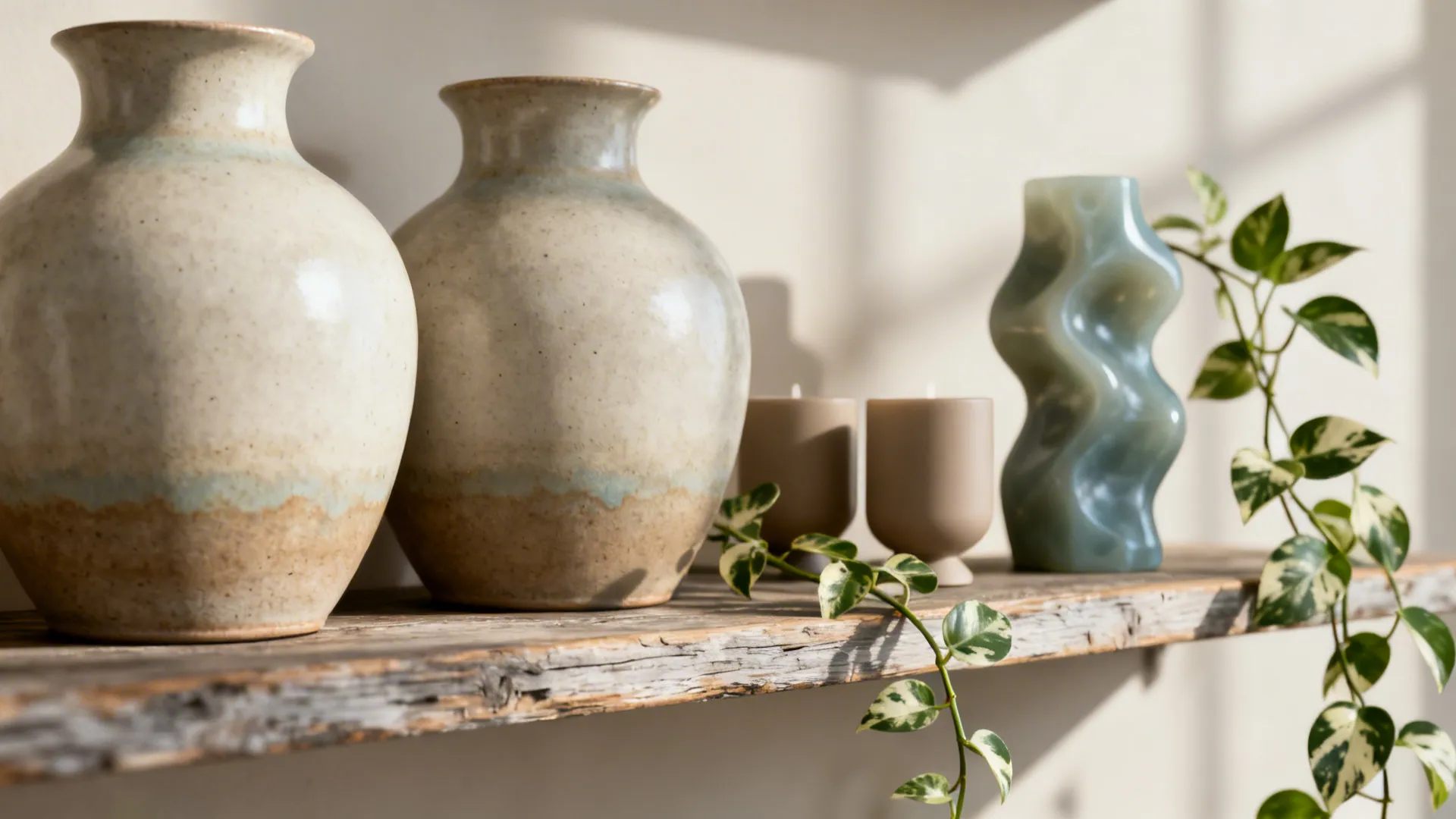 Close-up of repeated vases and candle holders with a contrasting sculptural piece and plant.