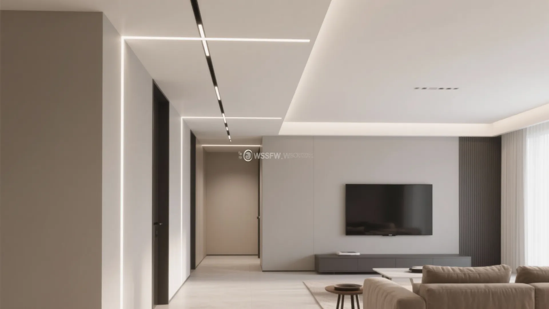 Modern hallway with linear light fixtures on white ceiling and wall near a grey sofa