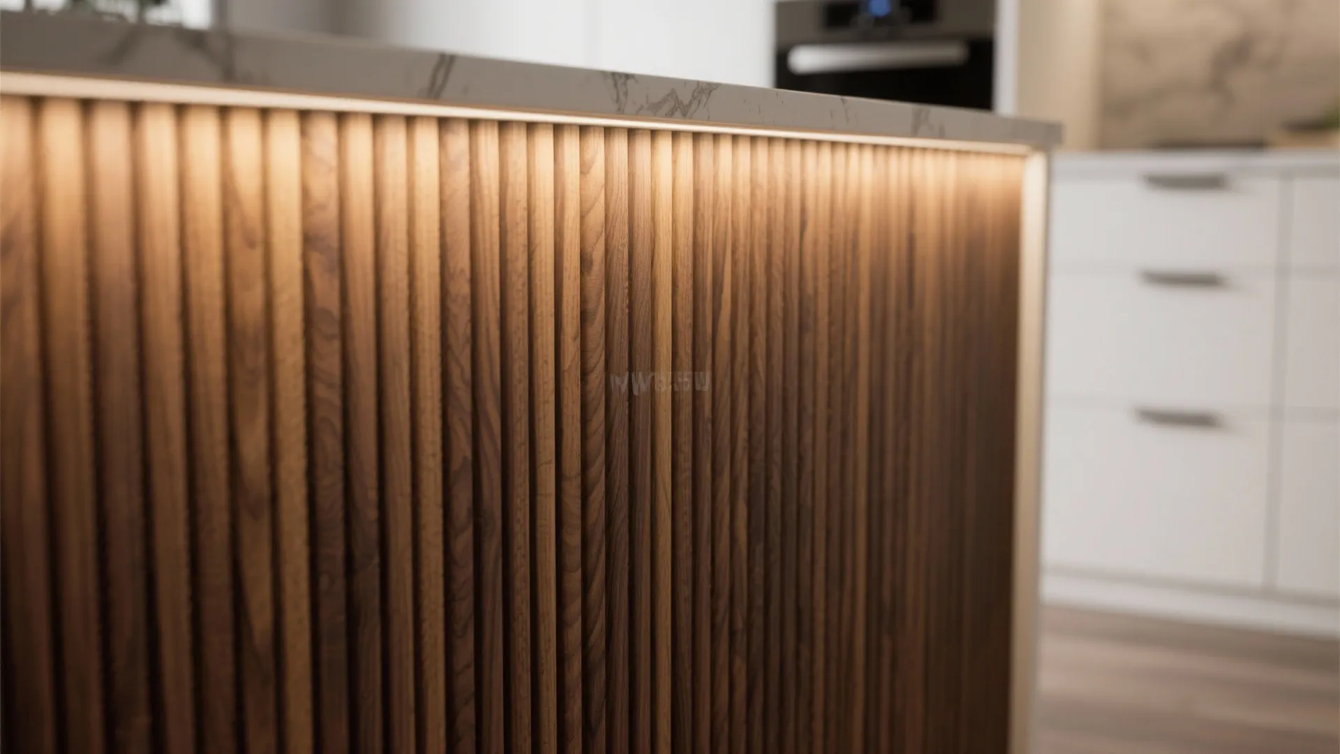 Kitchen island with wooden wall panel texture and bright light fixture under the white marble countertop