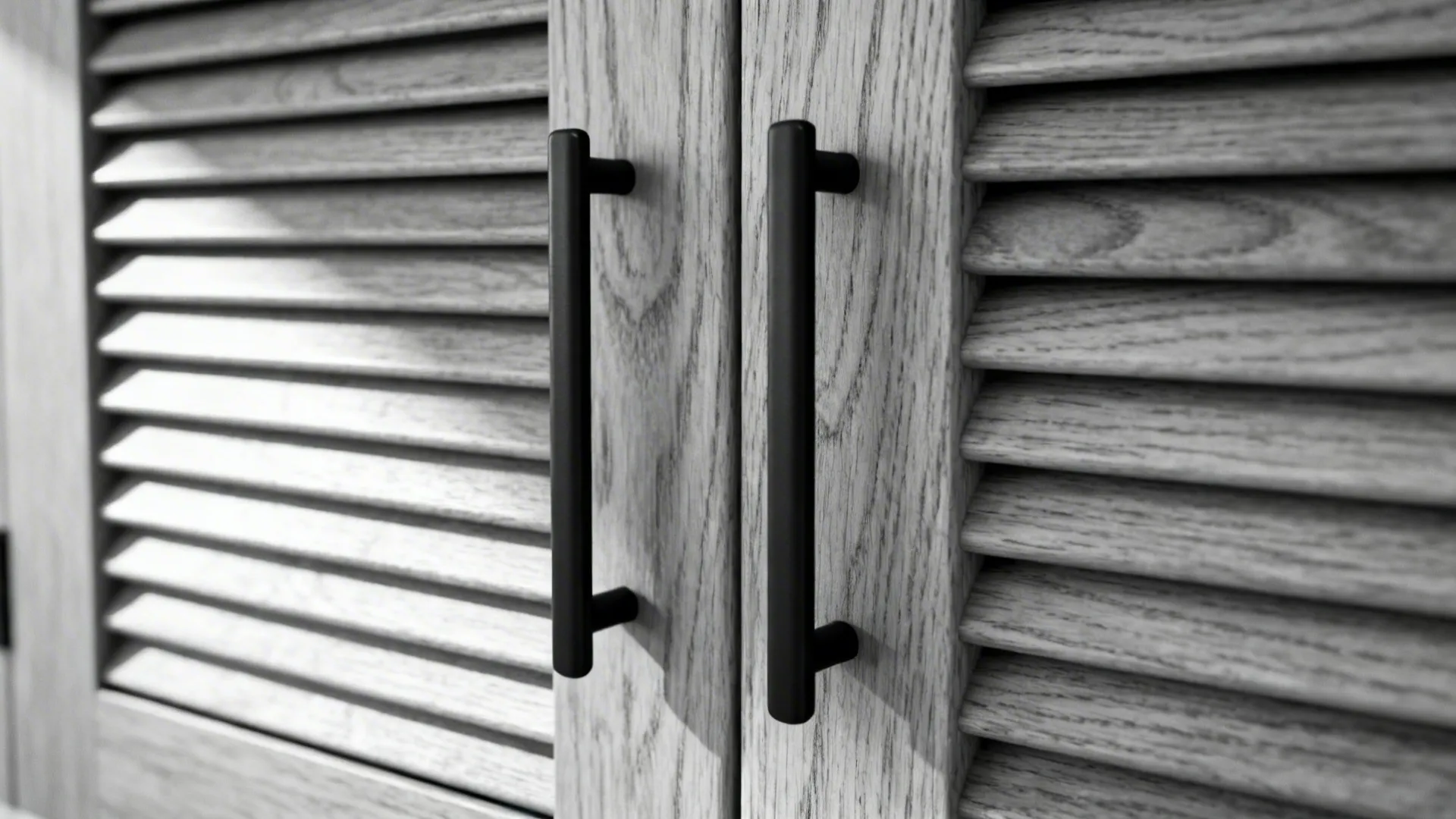Macro detail of ribbed ash shutter with visible grain and matte black pull.