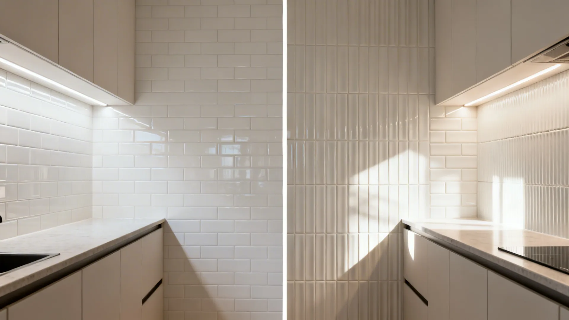 Split view comparing flat tiles vs ribbed tiles in a small galley kitchen.