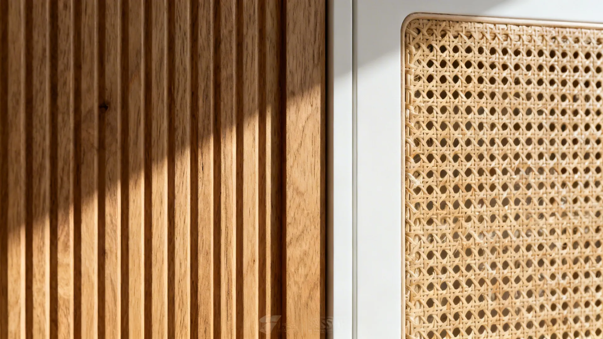 Macro of ribbed oak and cane textures paired with a matte white cabinet surface.