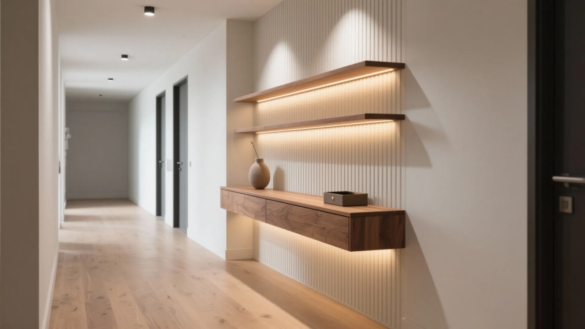 Wall-mounted ribbed oak console with floating shelves and soft LED underlighting.