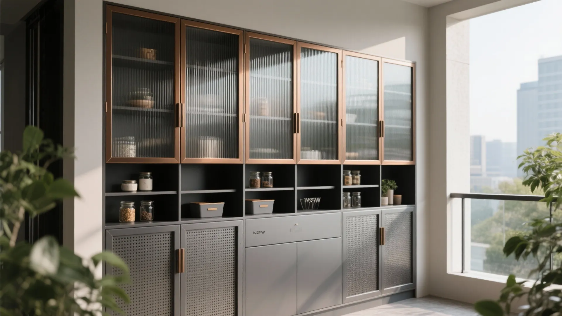 Ribbed glass balcony cabinet doors with bronze frames and perforated metal panels create airy storage