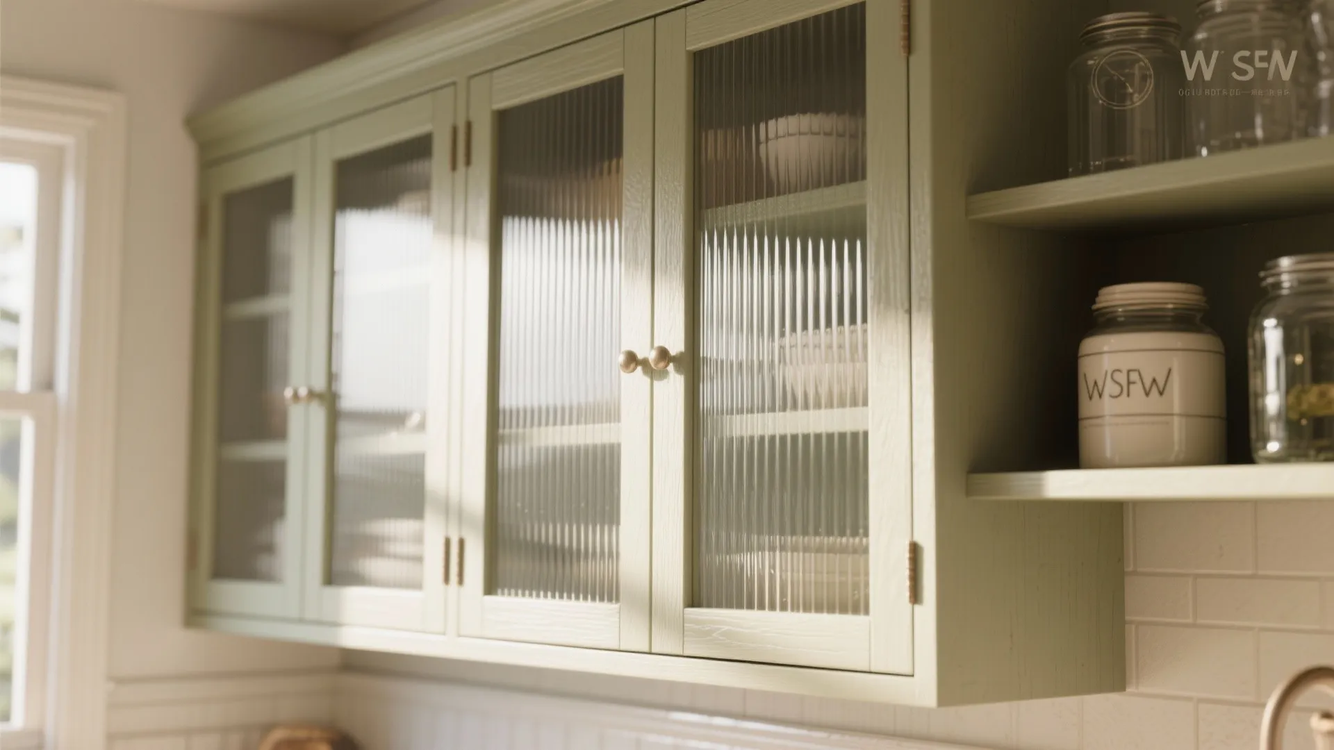 Light green kitchen wall cabinet with ribbed glass doors and gold knobs on white wall