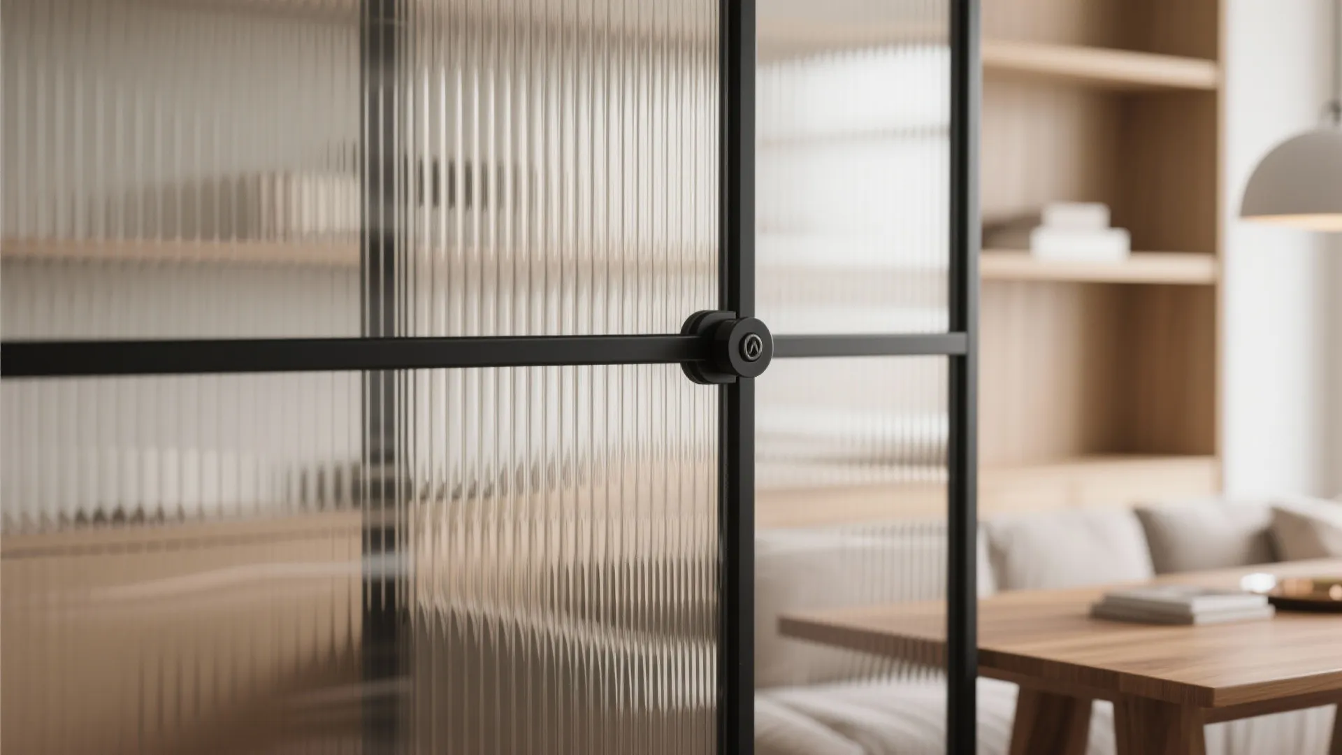 Close up of ribbed glass door with black metal frame in a modern dining room area