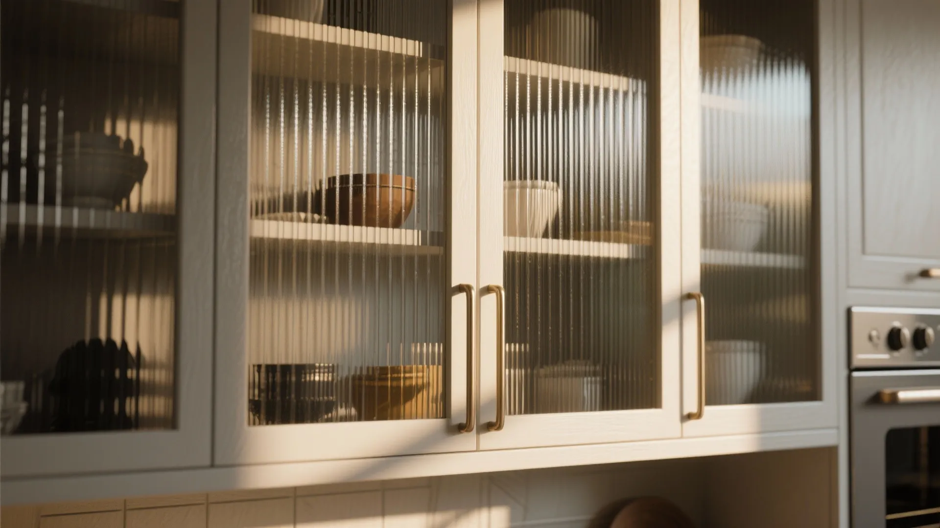 Ribbed glass cabinet door with sunlight creating tactile shadows and subtle silhouettes.