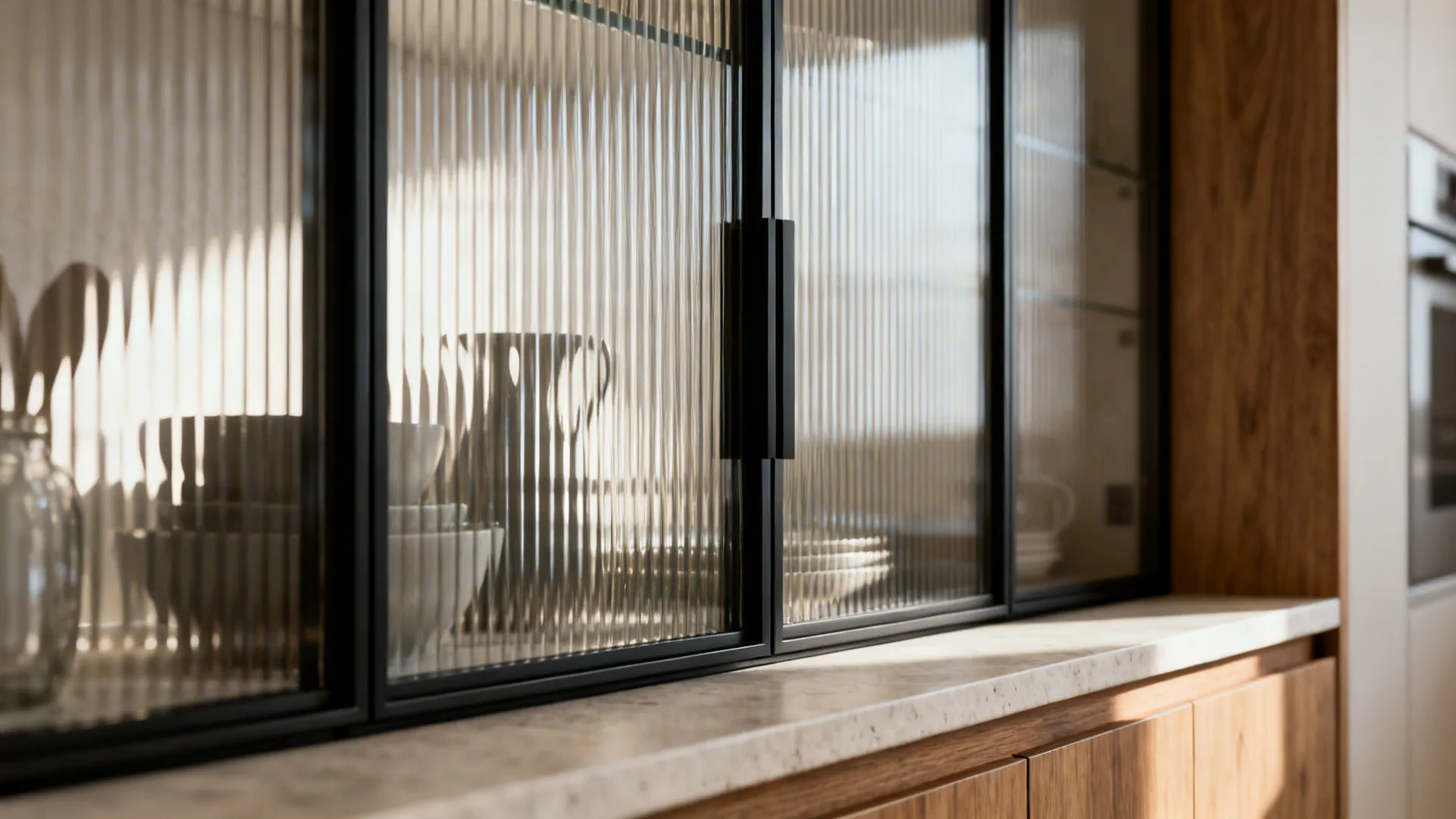 Close-up of ribbed glass cabinet door with slim black frame diffusing crockery shapes.