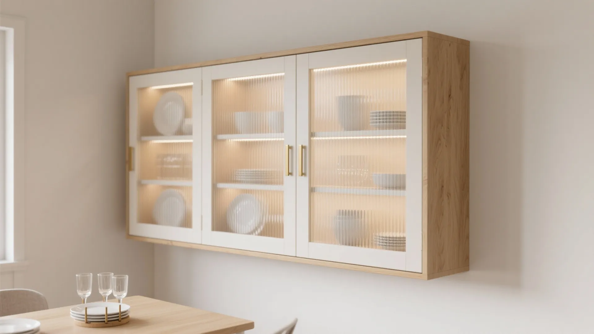 Floating Cabinet with Ribbed Glass Doors