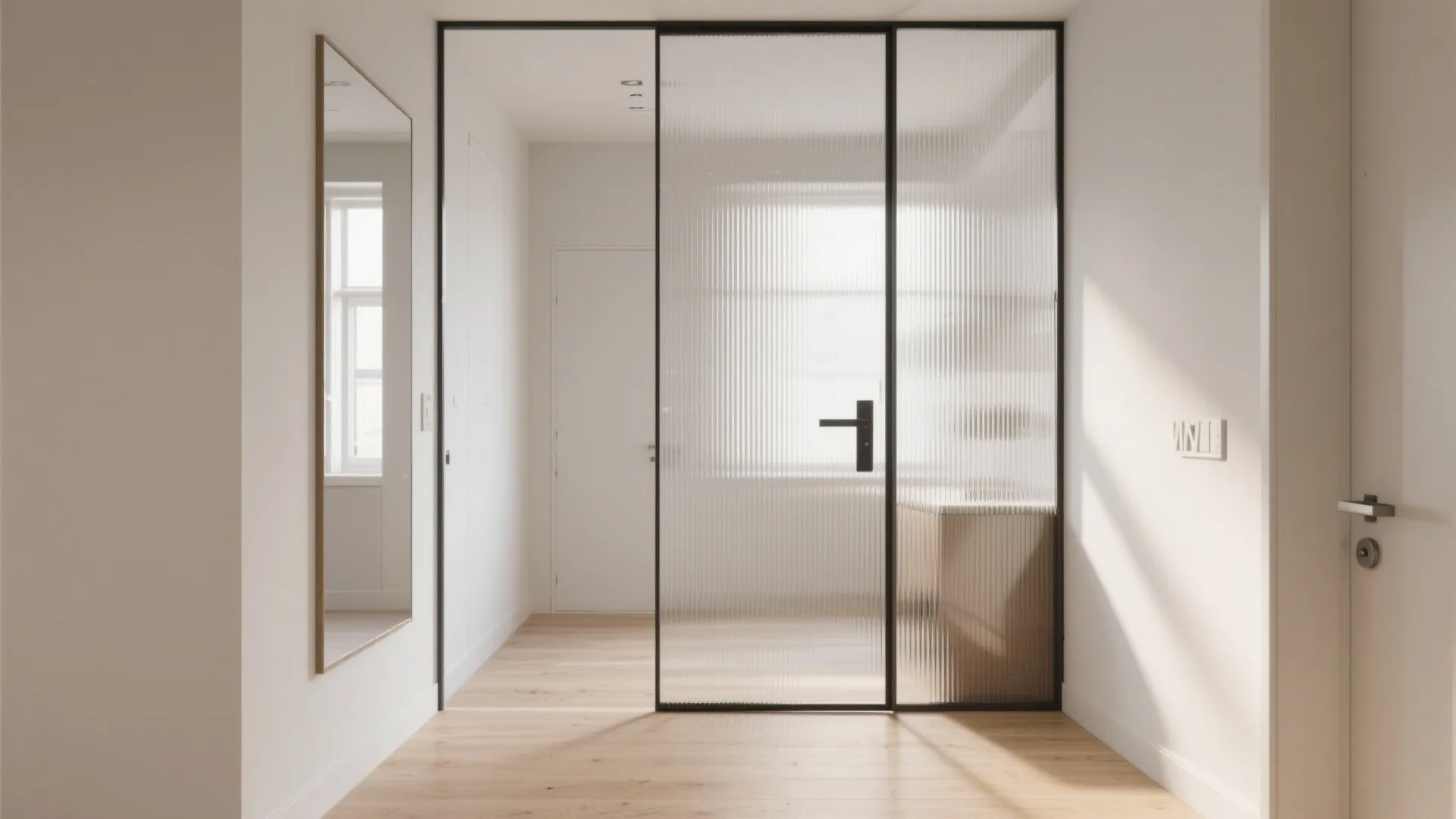 Minimalist hallway featuring ribbed glass sliding door white walls wooden floor and large wall mirror design