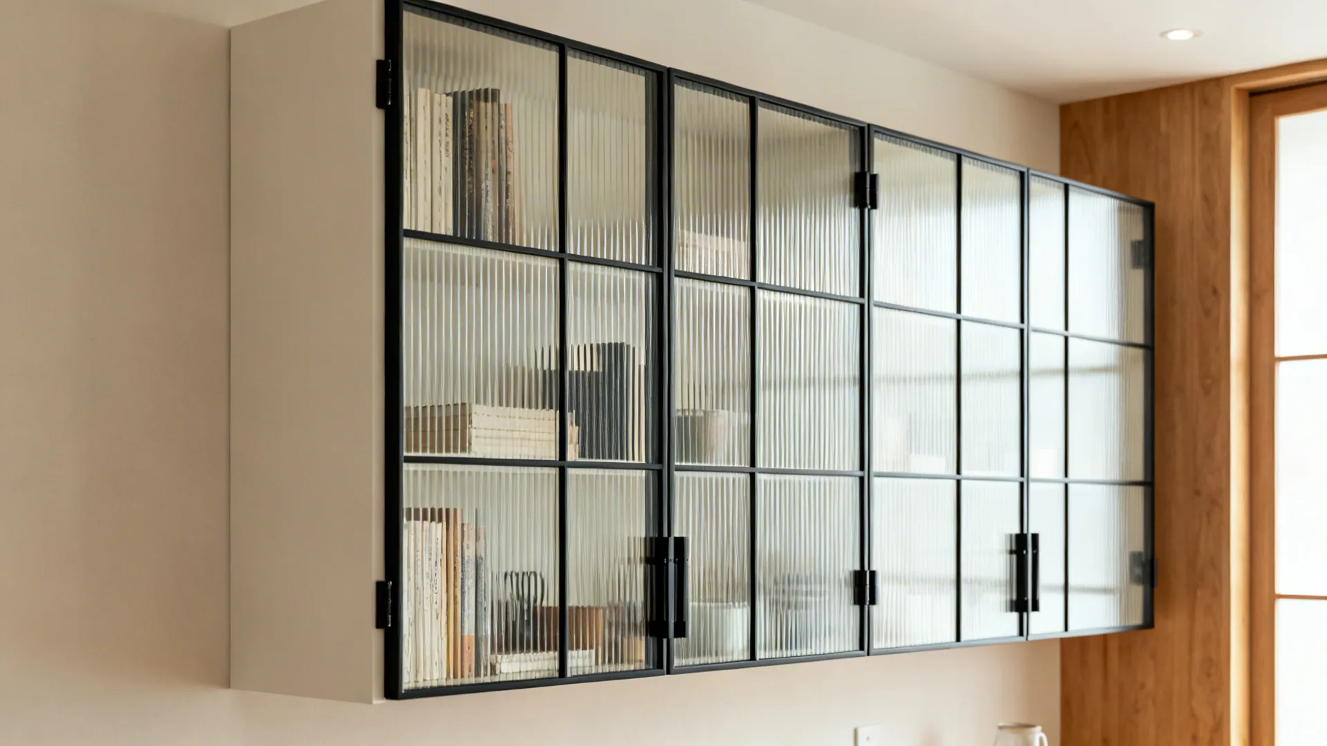 Black grid-framed wall cabinet with ribbed glass blurring clutter in a modern living room.