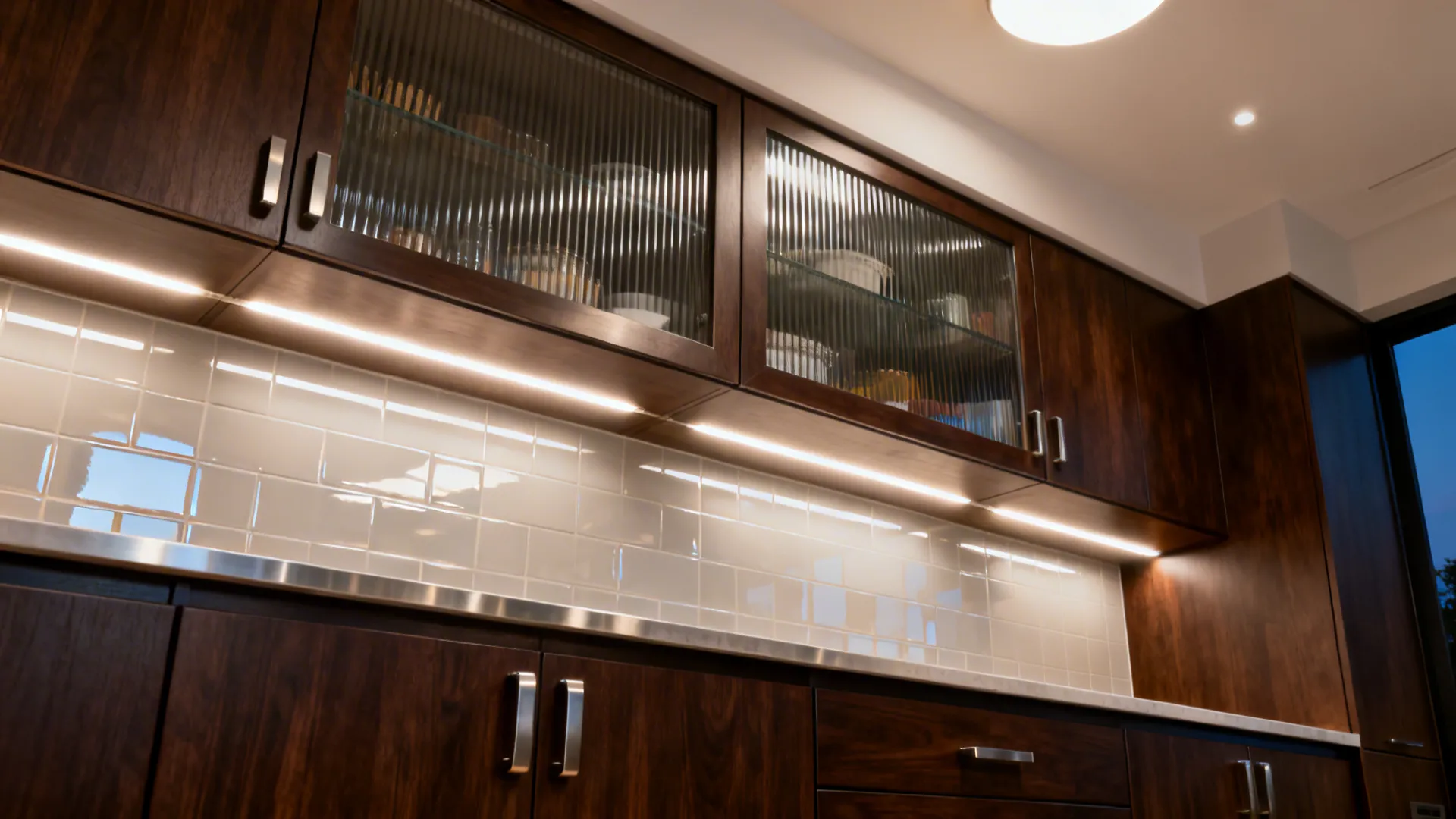 Narrow kitchen with ribbed glass uppers, interior LEDs, and glossy pale backsplash.